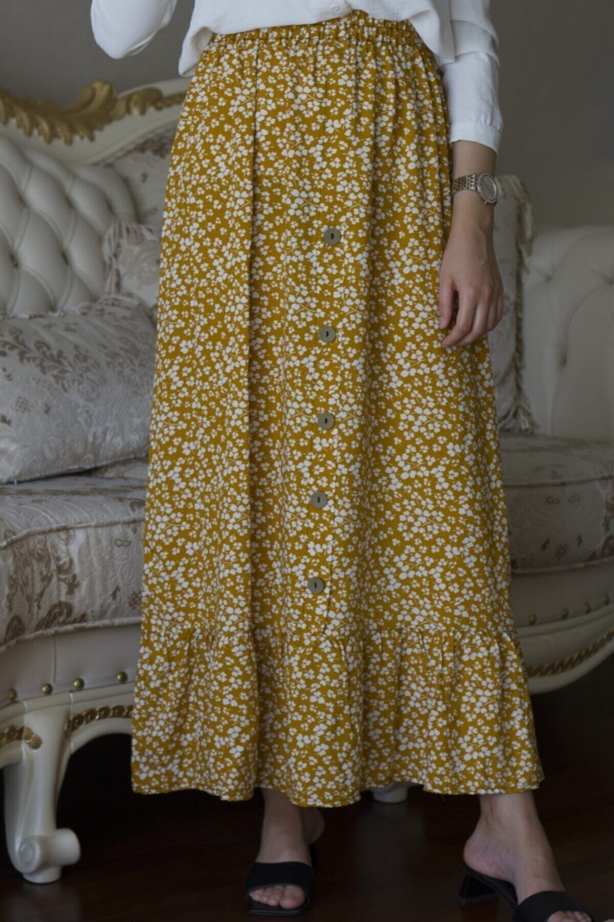 Gökçe Giyim Kadın Sarı Düğme Detaylı Maxi Etek