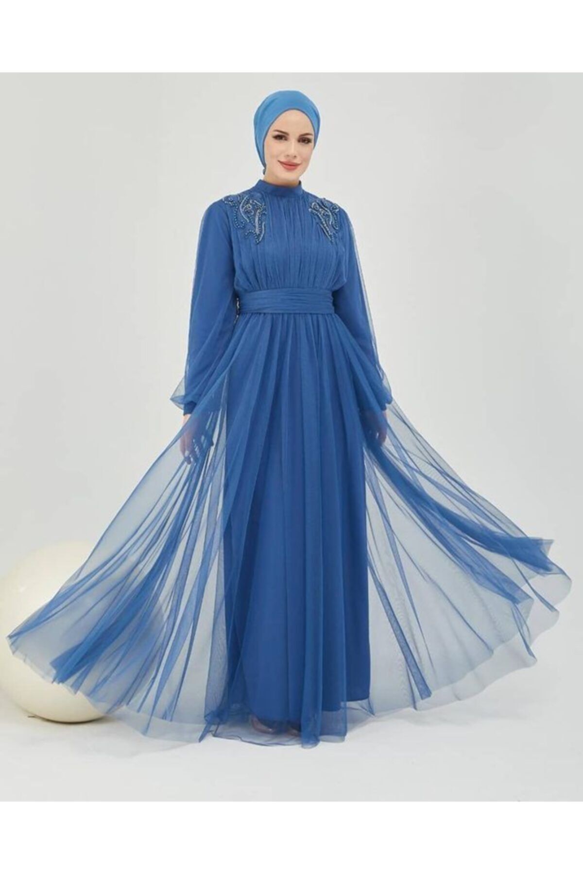 Moda Echer Tesettür Abiye Tül Kumaş Dantel Aksesuarlı 7613