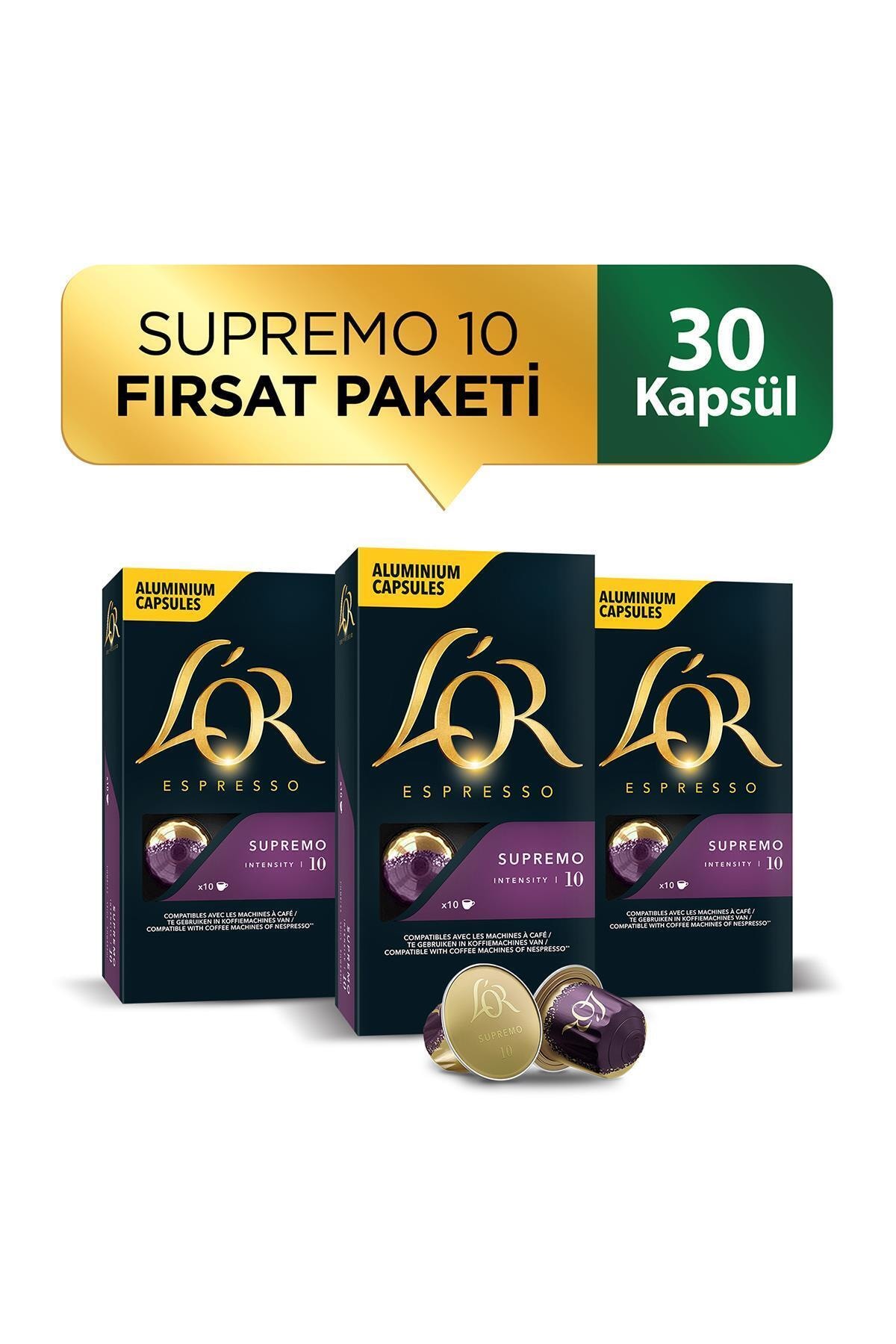 L'OR - Supremo - Intensity 10 - Nespresso Uyumlu Kapsül Kahve Fırsat Paketi 10 X 3 Paket (30 Adet)