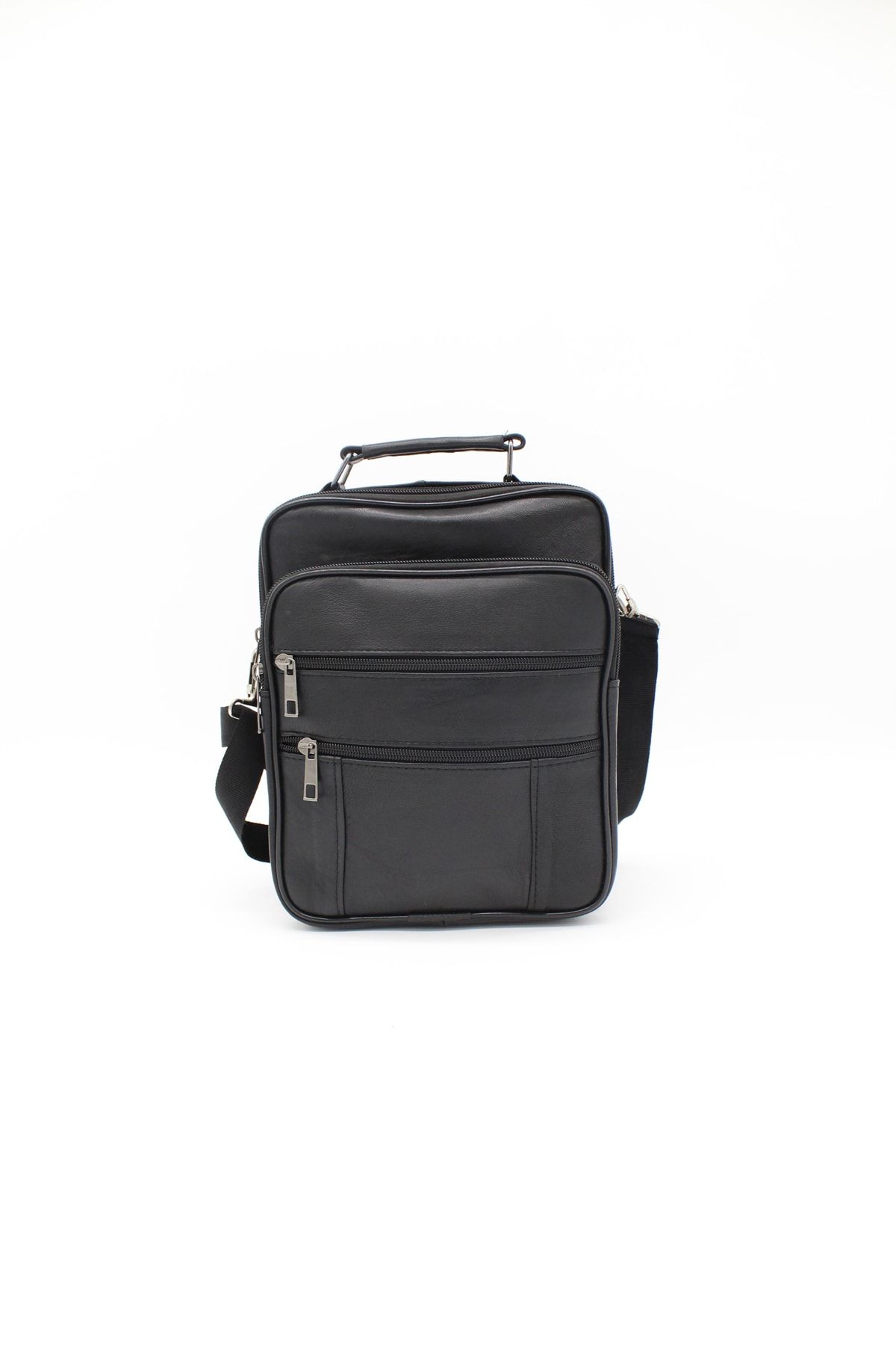 BESE LEATHER Siyah Hakiki Deri Büyük Boy Beş Bölmeli Çapraz Omuz Askılı Unisex Çanta