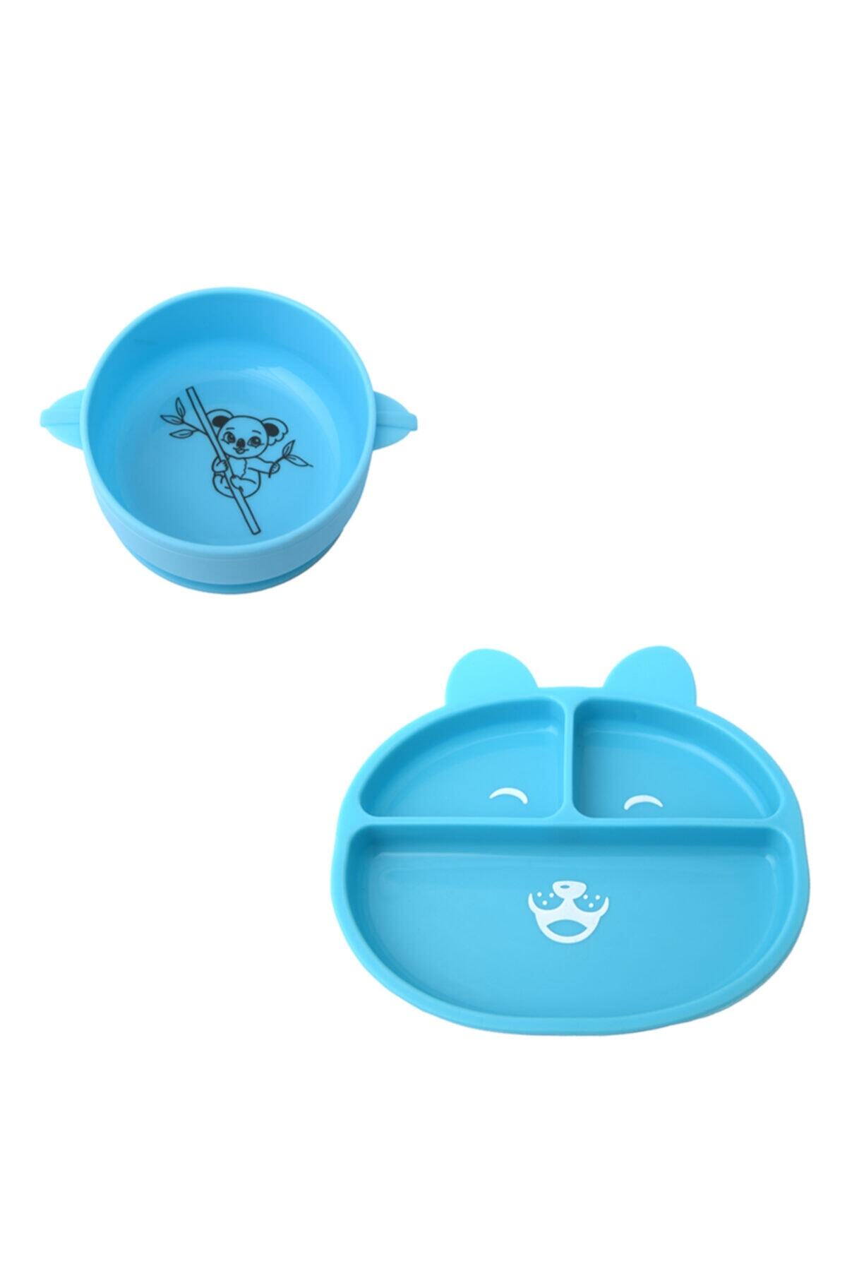 YumioKids Vakumlu Silikon Mama Tabağı- Kase Seti Mavi Düz Kase-tabak Set
