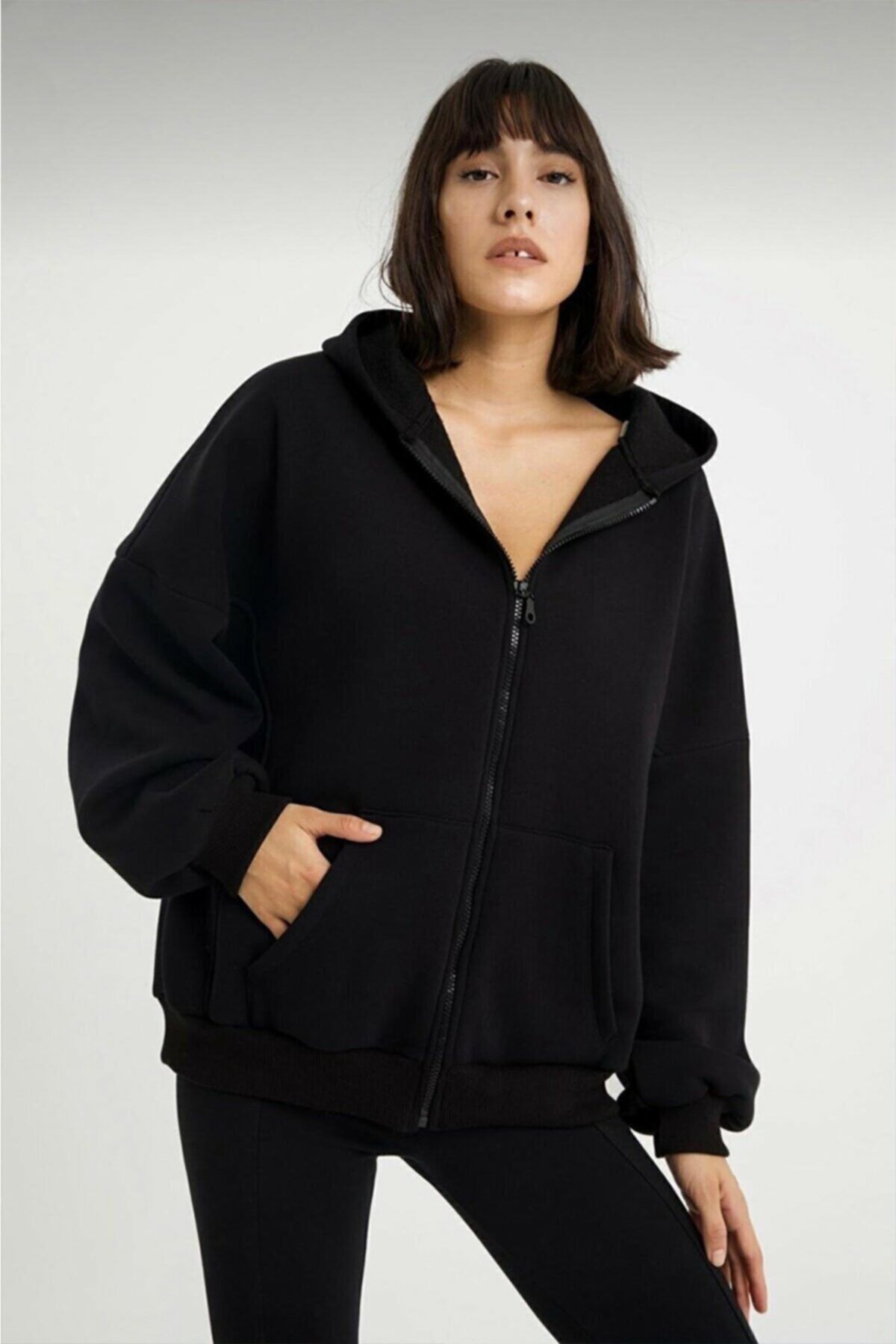 DAZZLİNG Kadın Siyah Oversize Sweatshırt Fermuarlı