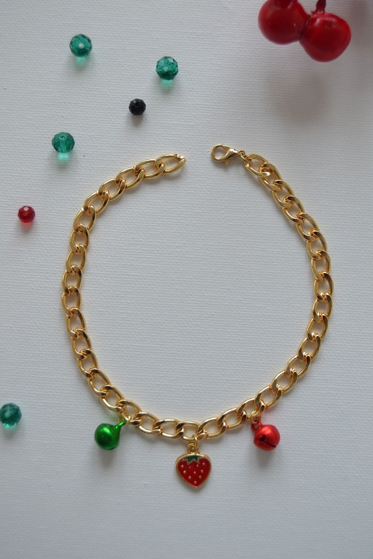 Karlay Kedi Köpek Tasması Çilek Figürlü Zilli Ayarlanabilir Gold Zincir
