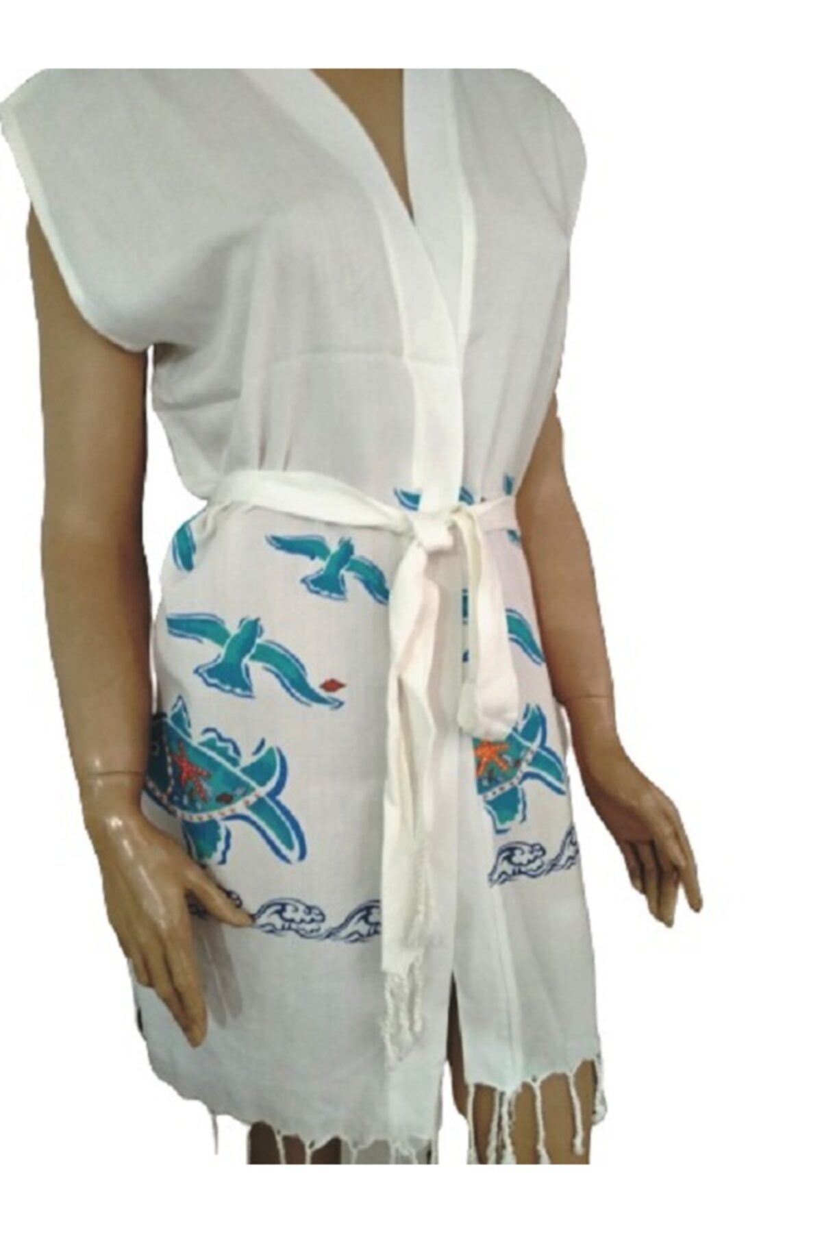 ALKINOOZ Bambu Peştemal Balık Ve Kuş Desenli Kimono Elbisesi