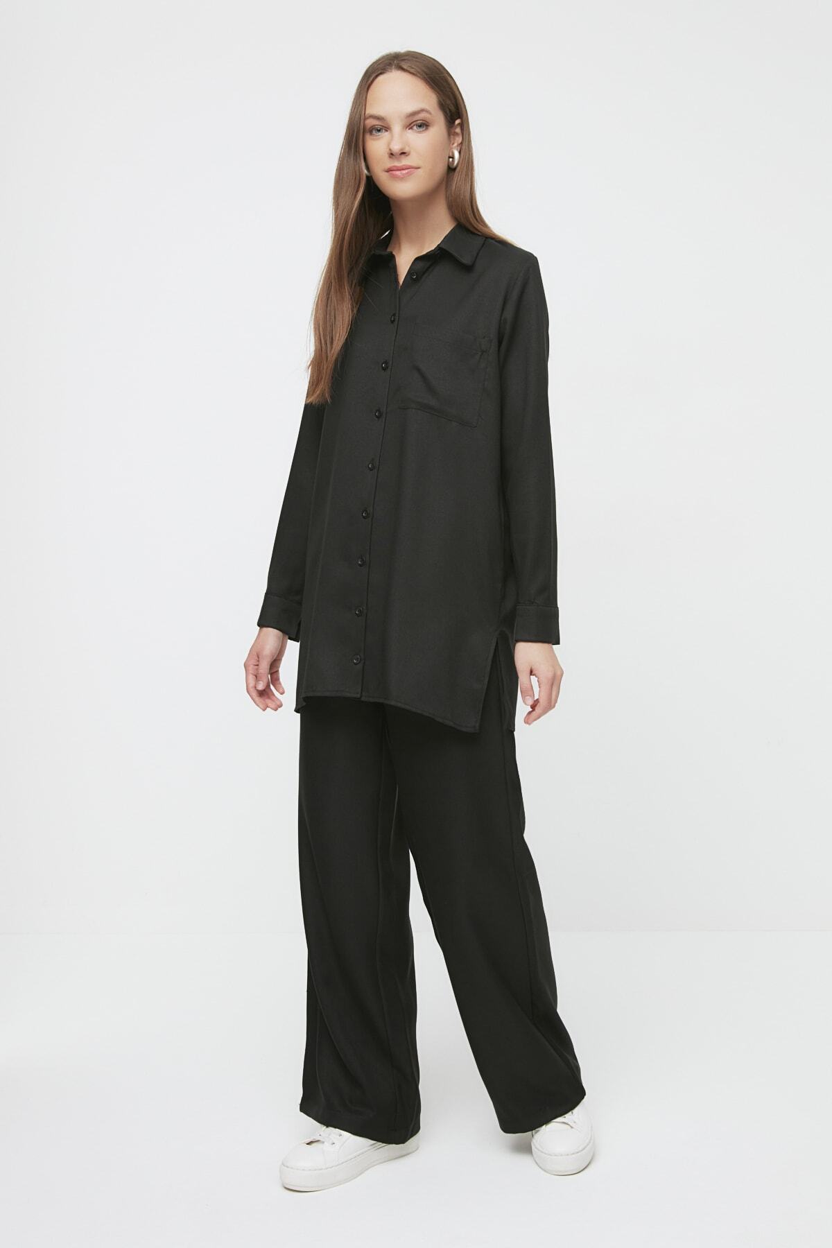 Trendyol Modest Siyah Gömlek Yaka Cepli Alt-Üst Takım TCTAW22US0083