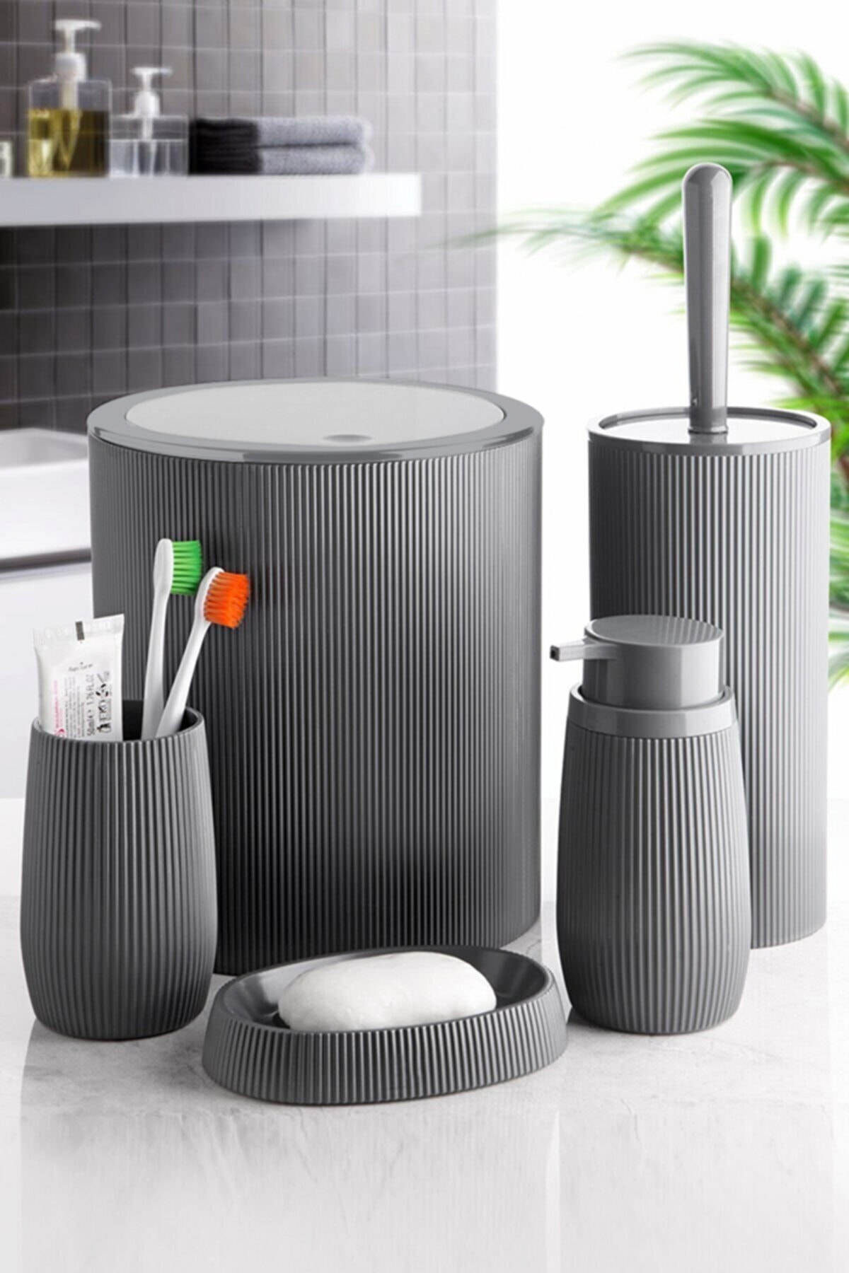 Okyanus Home Antrasit Çizgili Yuvarlak 5'li Banyo Seti