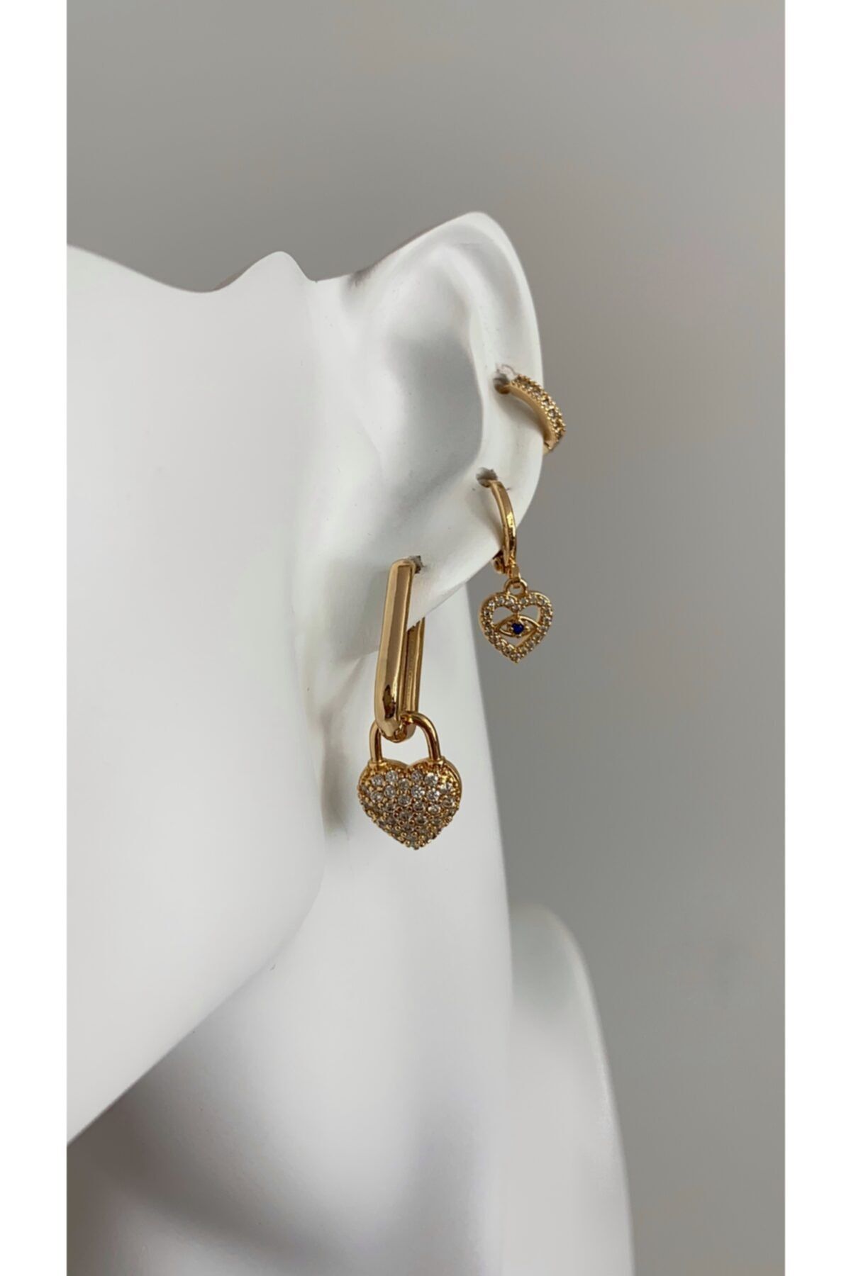 Âlâ Atelier Kararmaz Solmaz Altın Kaplama Taşlı Kalp Figürlü 3'lü Küpe Seti Gold