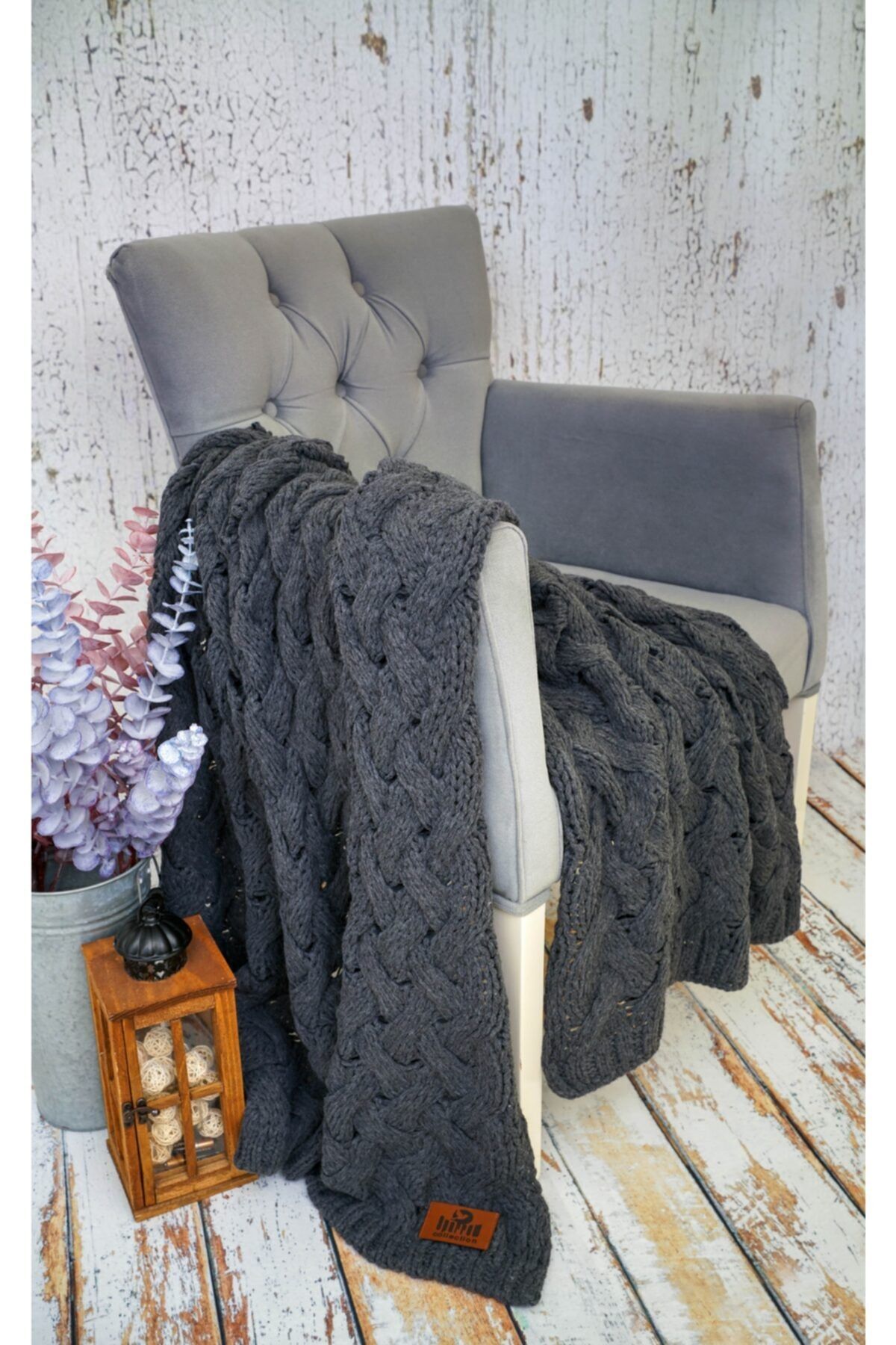 Sparrow Collection Saç Örgü Triko Battaniye Koltuk Şalı Gri