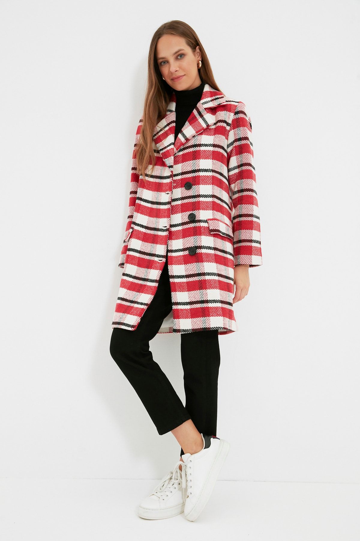 Trendyol Modest Kırmızı Ceket Yaka Ekoseli Astarlı Kaban TCTAW22AB0004