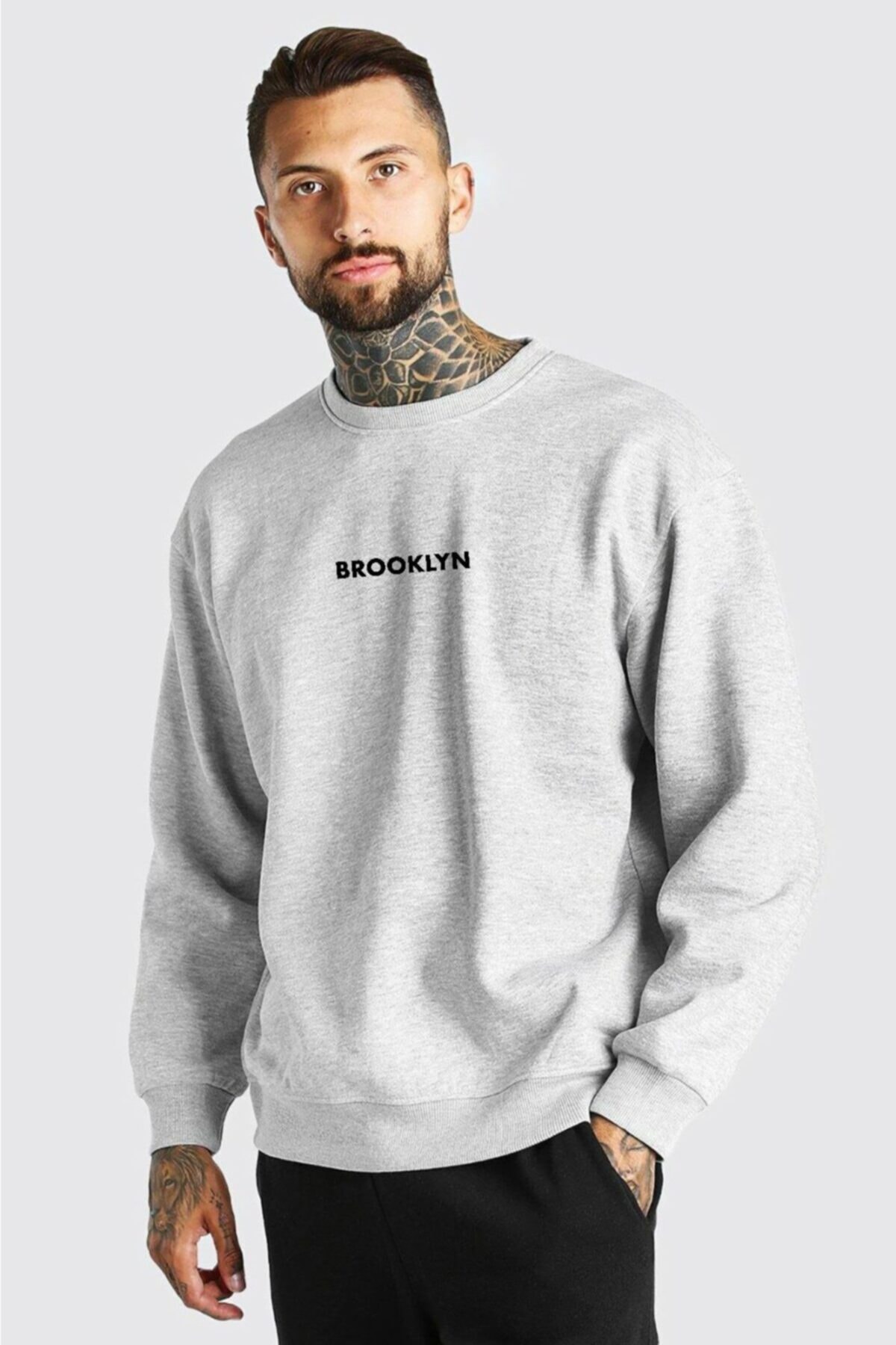 westkombin Gri Sweat Brooklyn Baskılı Overisize