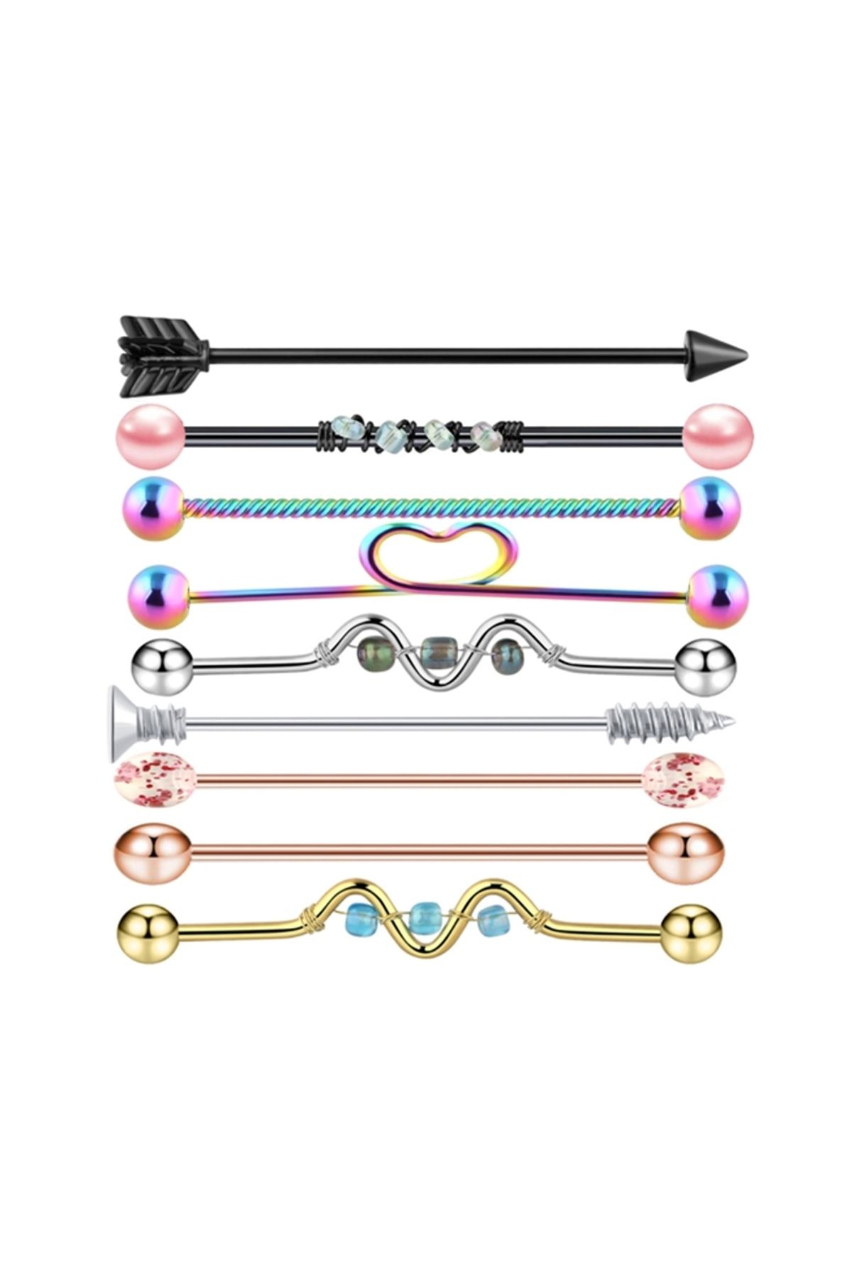 Chavin Çelik Multicolor Industrial 9adet Kulak Piercing Cross Helix Ep32