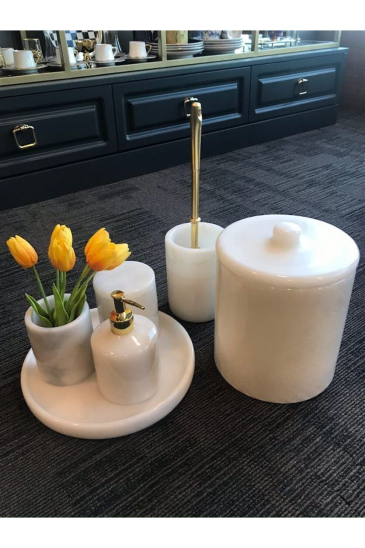 MIARIK DESIGN & DEKORASYON Dekoratif Beyaz Mermer Gold Detaylı 7 Li Banyo Seti Takımı