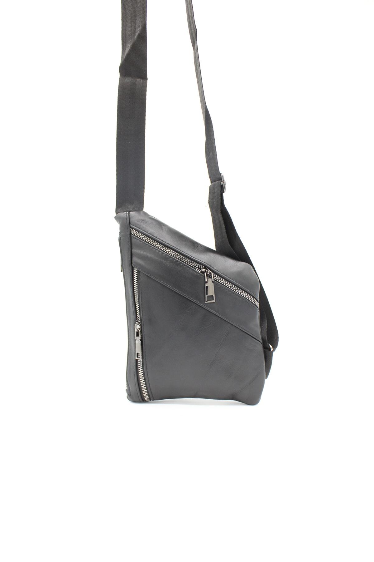 besmoda Siyah Hakiki Deri Dört Bölmeli Omuz Askılı Unisex Çanta