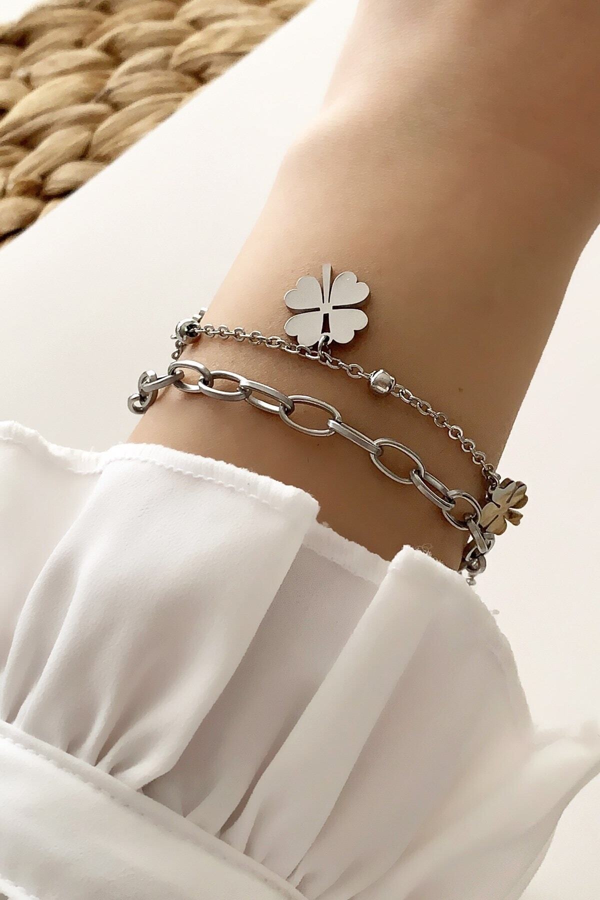 Çlk Accessories Çelik Yonca Bileklik Geçmeli Zincir Model Çelik Bileklik Trbilek7720 B36003