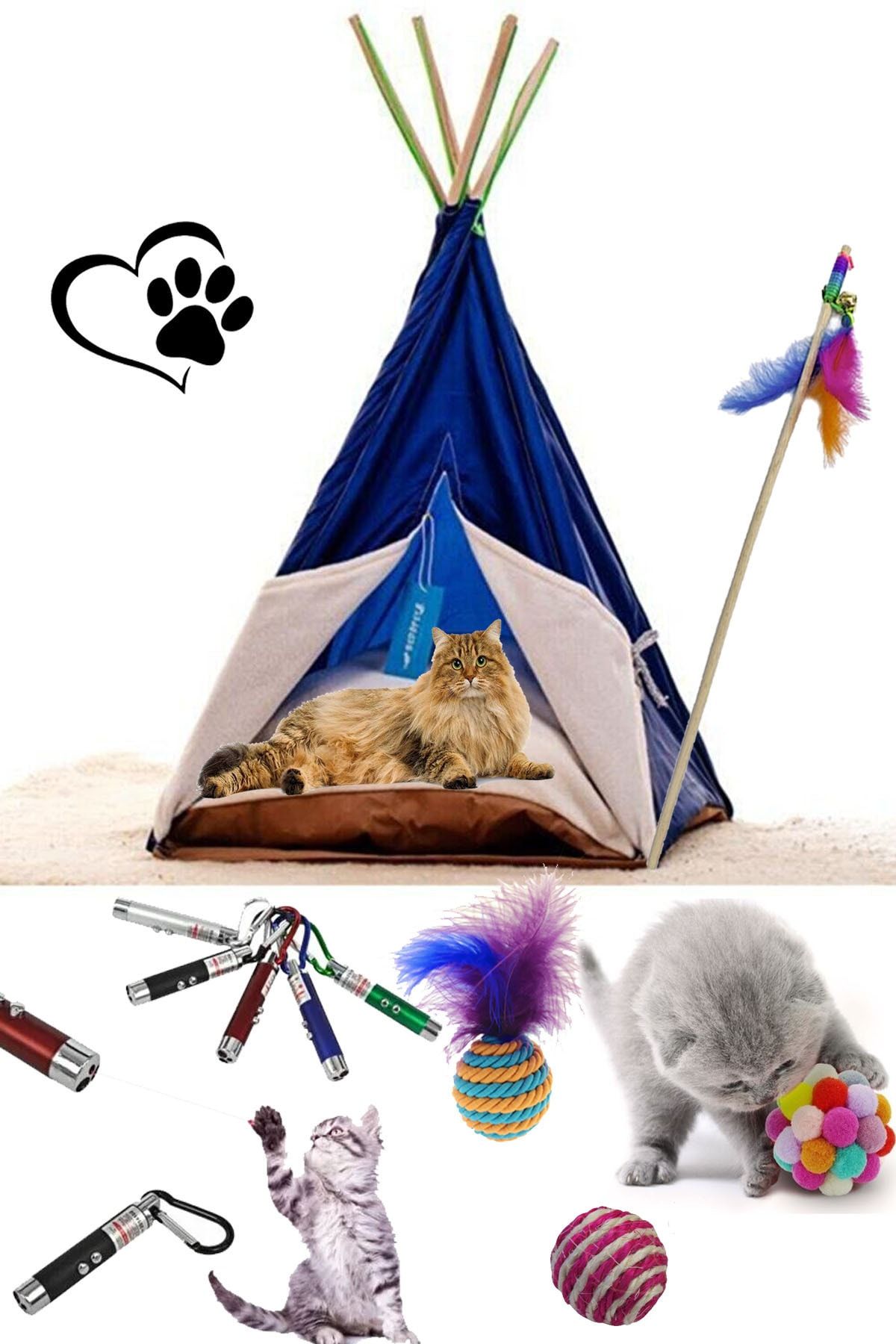YİĞİTLERAVM Kedi Çadırı Büyük Boy, Lazer , Ponpon Top , Tüylü Top , Sarma Top Ve Olta 6'lı Avantaj Seti