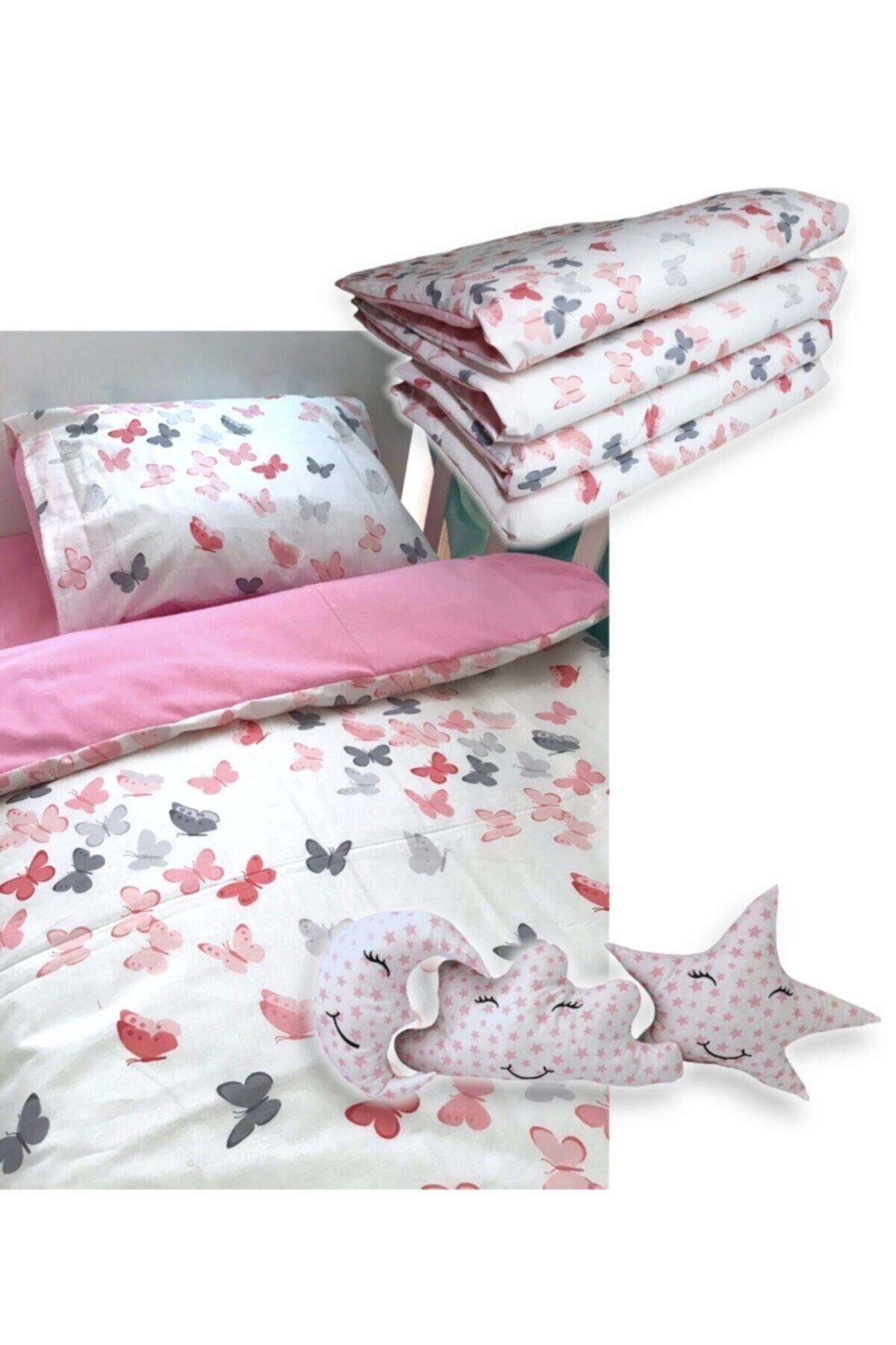 Bebek Özel Pamuklu 90x190 Montessori Çocuk Uyku Seti Pembe Kelebekli (10 Parça)