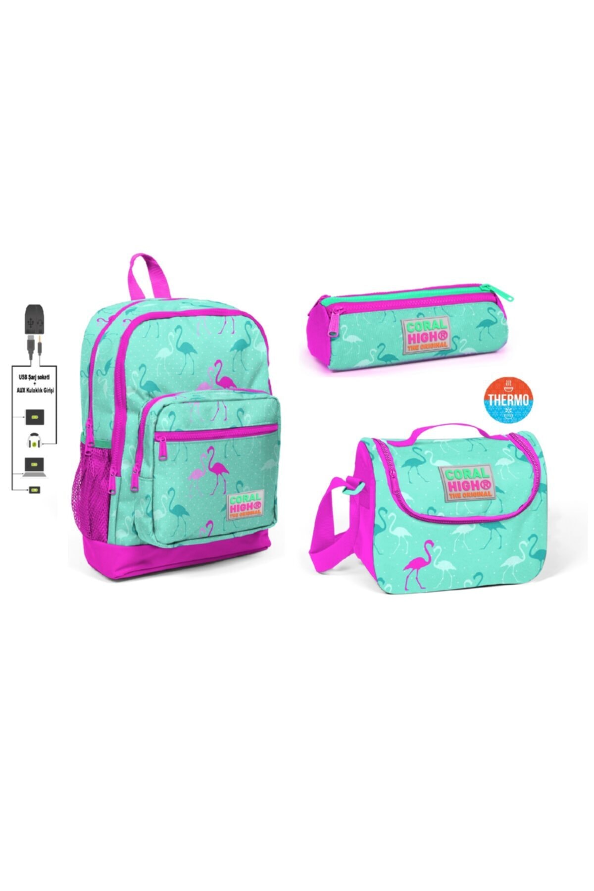 Coral High Kids Flamingo Desenli Dört Bölmeli Usb Şarjlı Kulaklık Çıkışlı Okul Çanta 3'lü Set