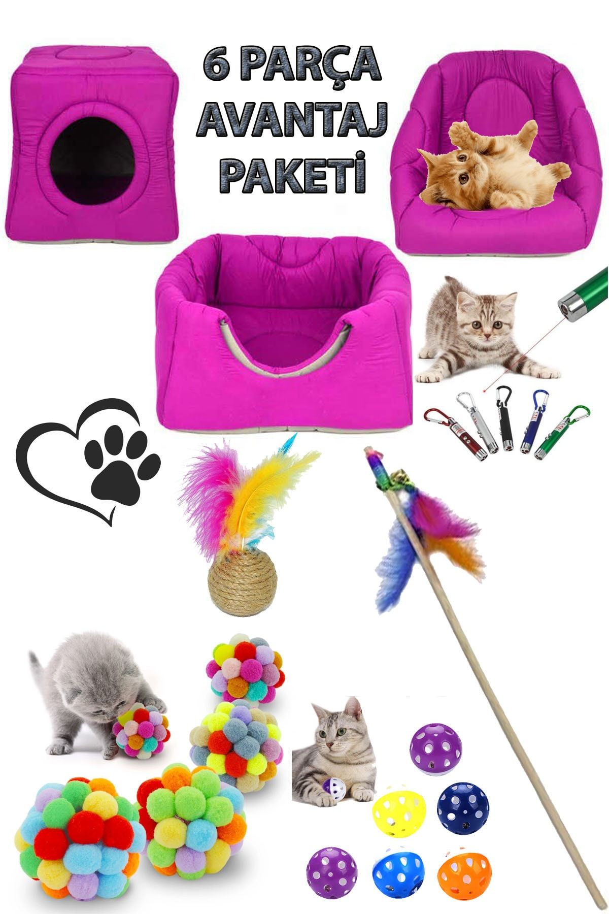YİĞİTLERAVM 3 Fonksiyonlu Lüx Kedi Yatağı , Lazer , Olta , Tüylü Top , Ponpon Top Ve Çıngıraklı Top Seti