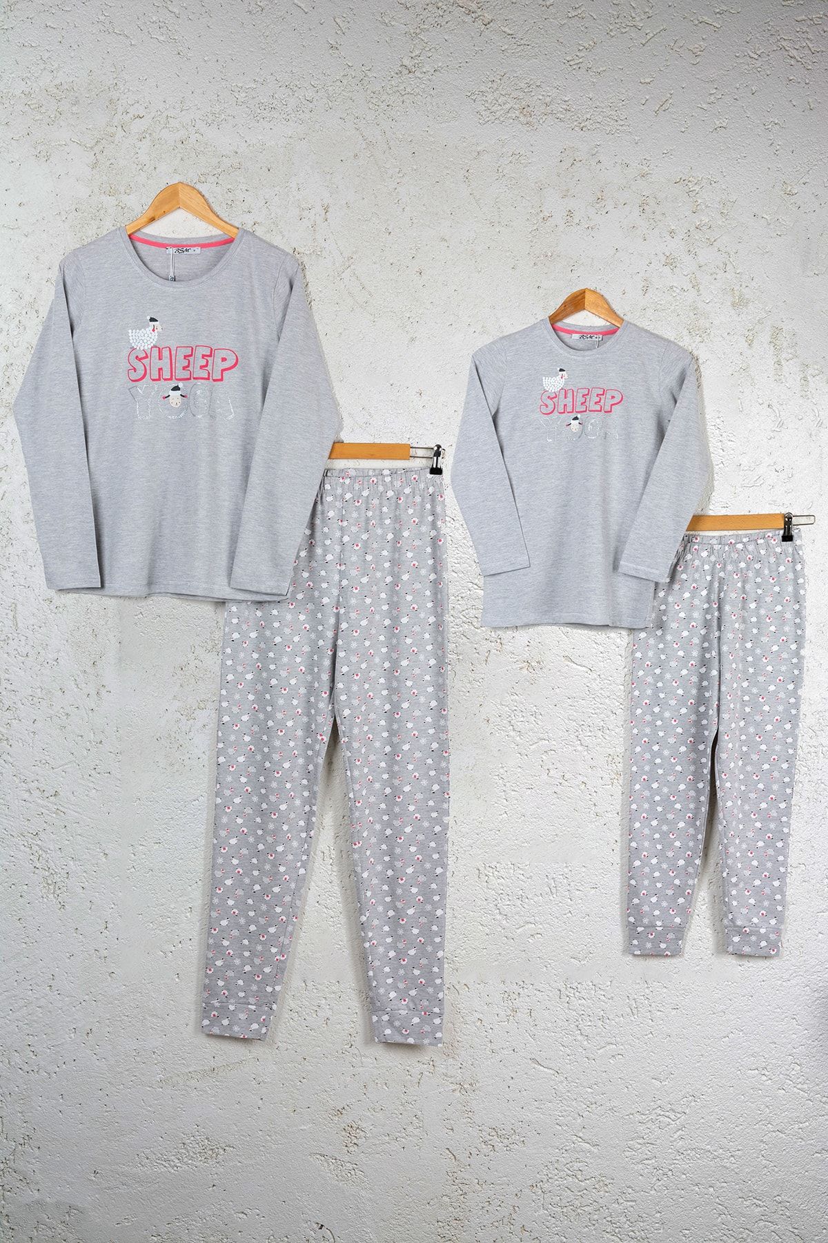 BSM Anne Kız Gri Melanj %100 Pamuk Yüksek Kalite Manşetli Uzun Kollu Pijama Takımı