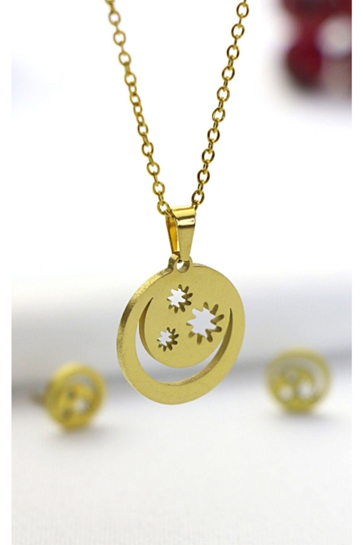 CeyCan Butik Ay Yıldız Çelik Kolye Küpe Set