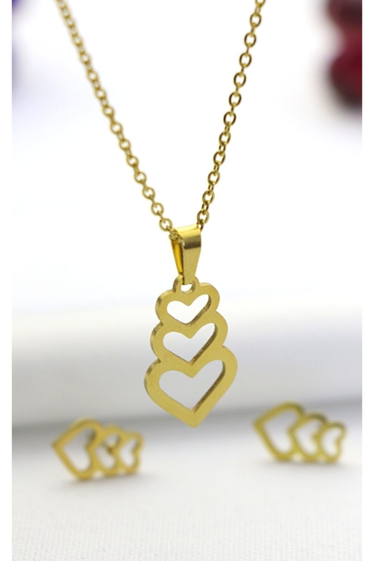 CeyCan Butik Kalpler Çelik Kolye Küpe Set