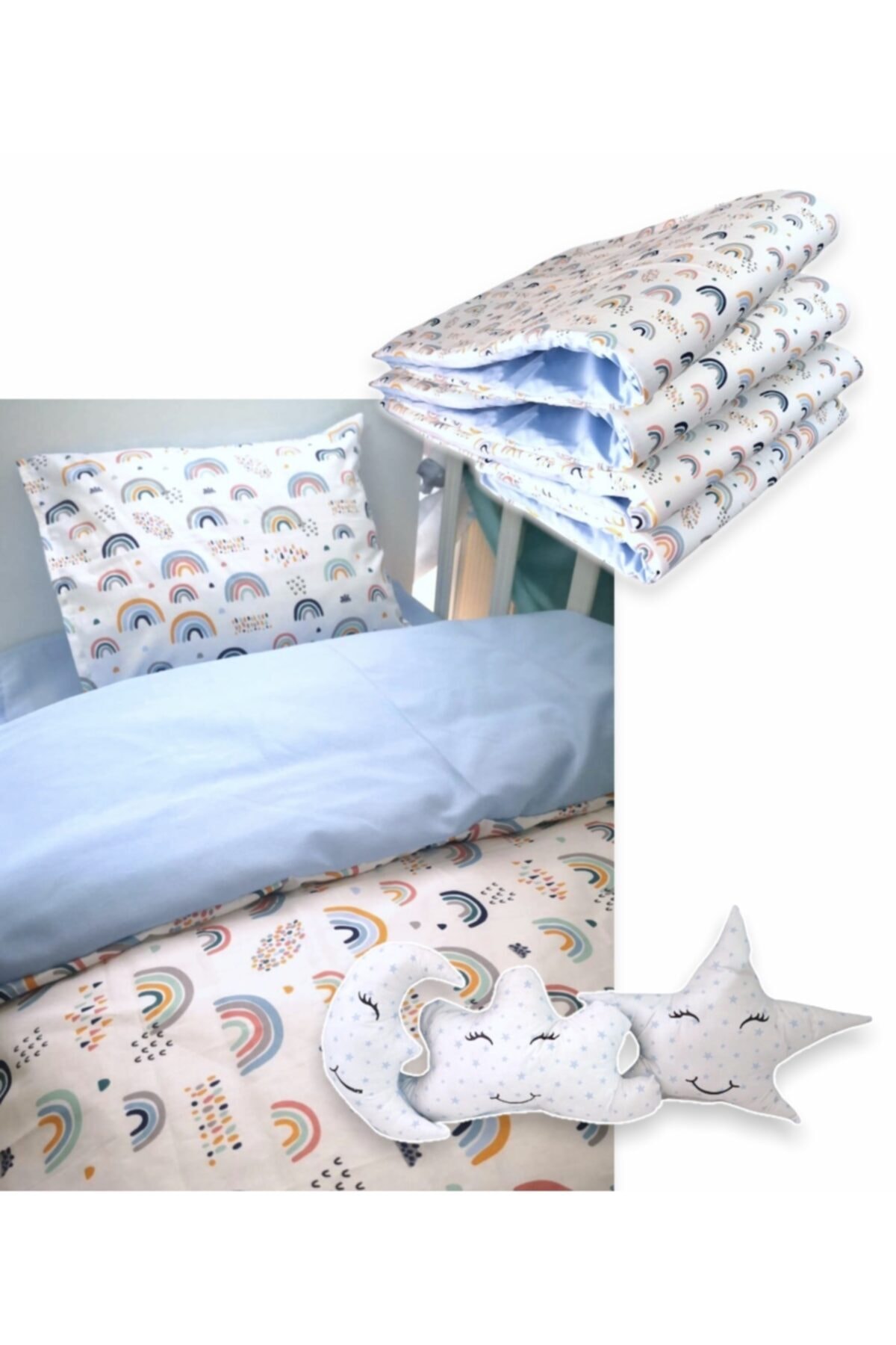 Bebek Özel Pamuklu 80x160 Mobilya Beşik Uyku Seti Gökkuşağı Mavi 10 Parça