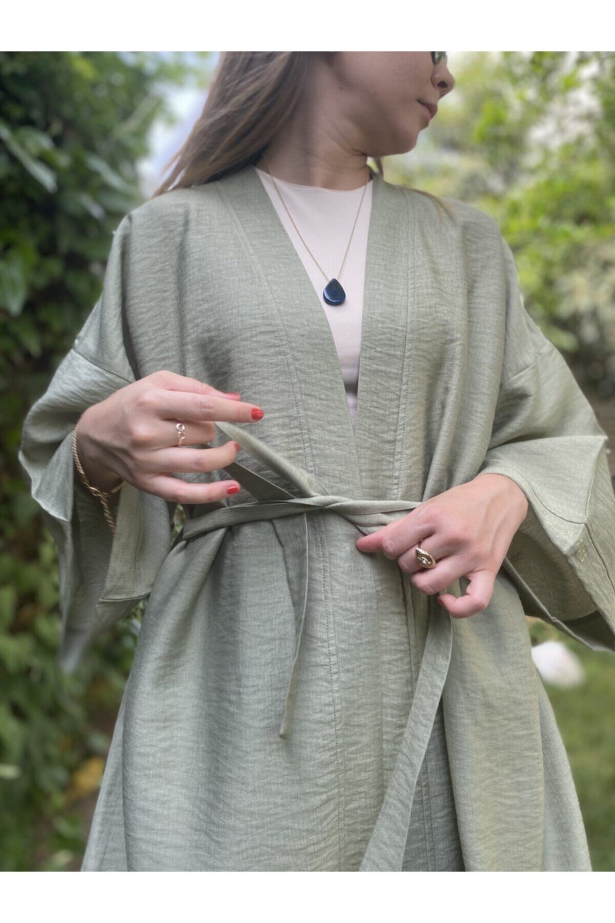 Pinuts Zeytin Yeşili Oversize Baskısız Dokuma Kadın Erkek Kimono