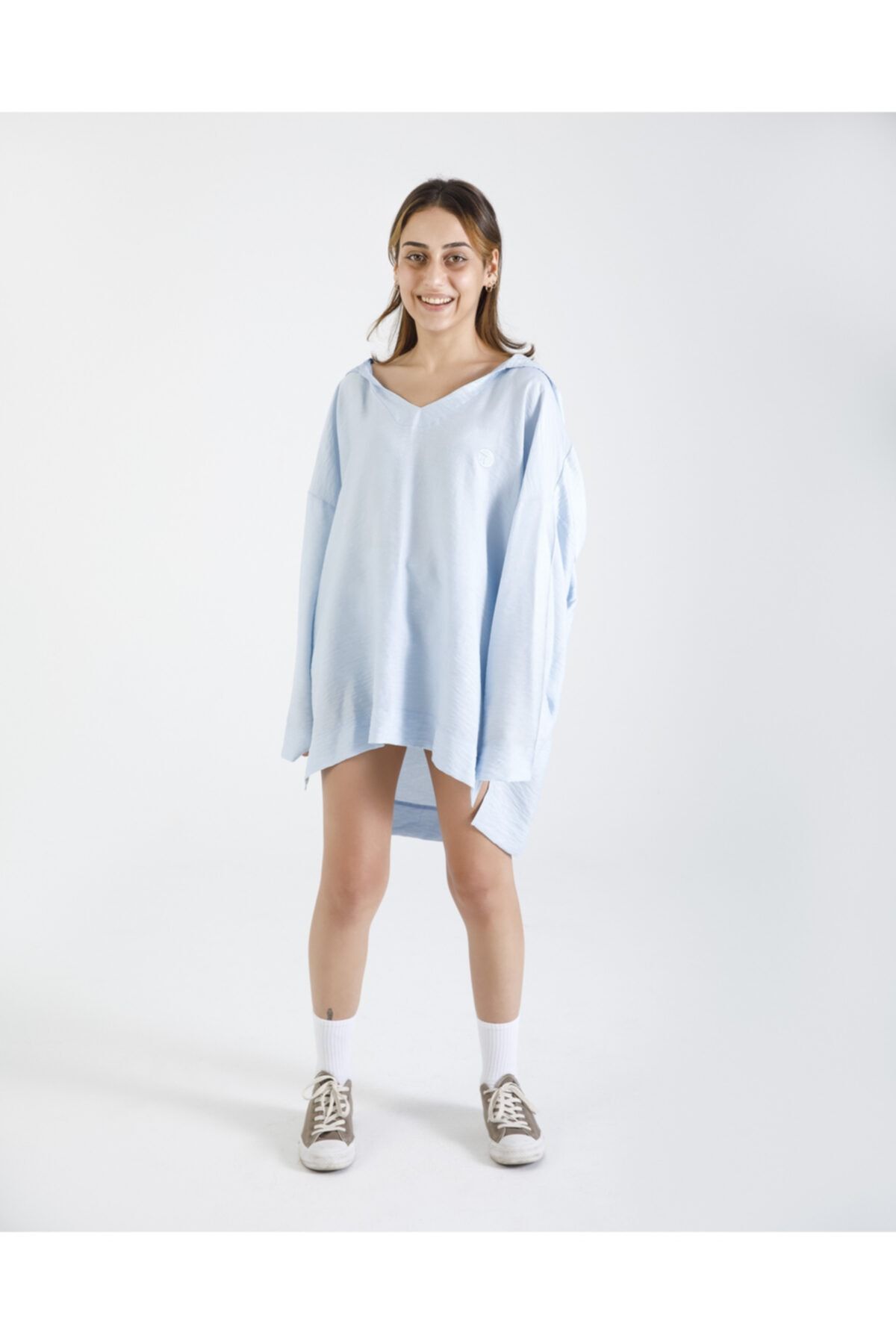 Pinuts Unisex Buz Mavi Mevsimlik Geniş Kalıp Kapüşonlu Plaj Elbisesi
