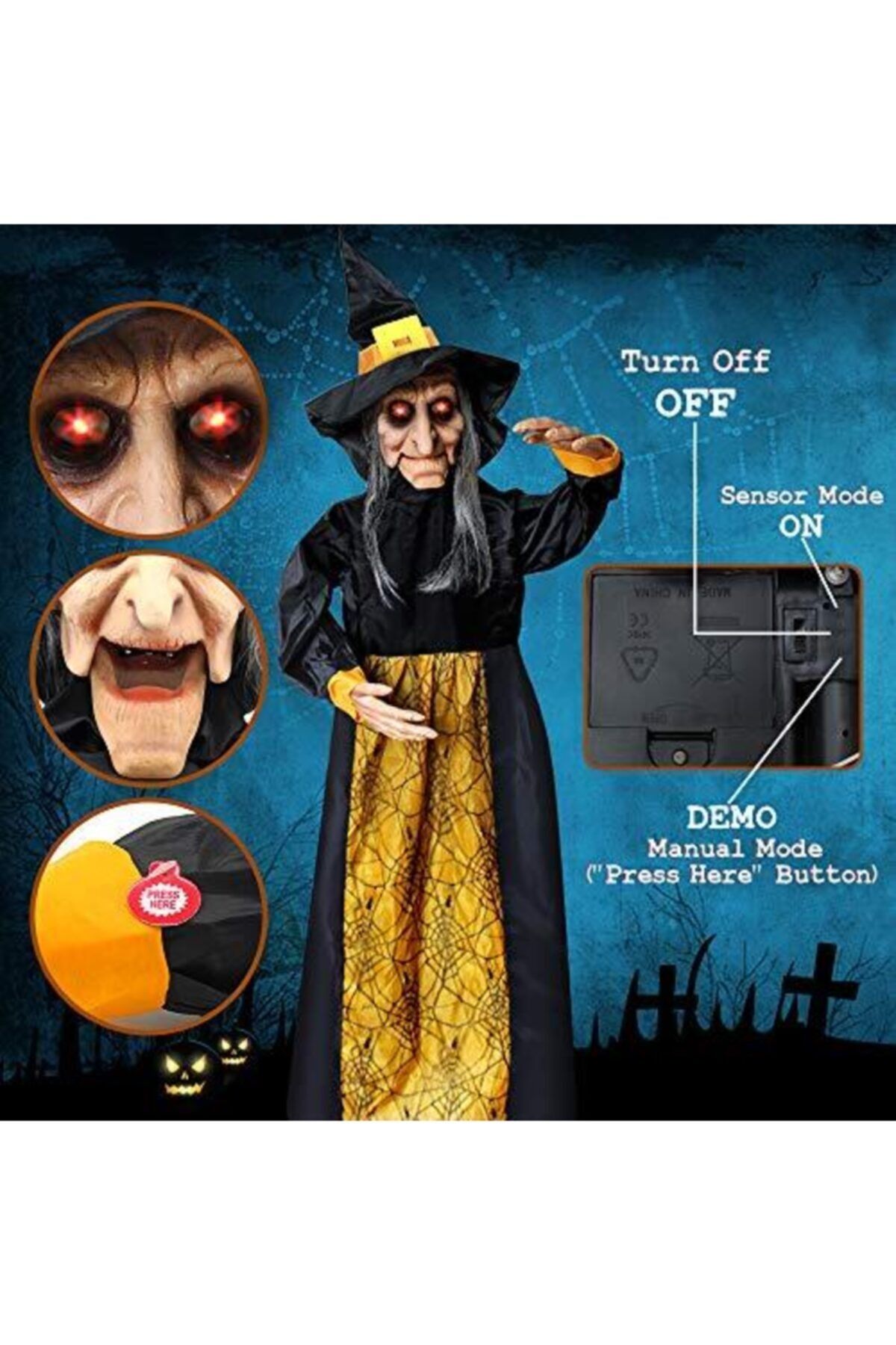 Skygo Ses Sensörlü Cadılar Bayramı Halloween Konuşan Işıklı Ve Hareketli Mega Boy Demirli Cadı 135 Cm