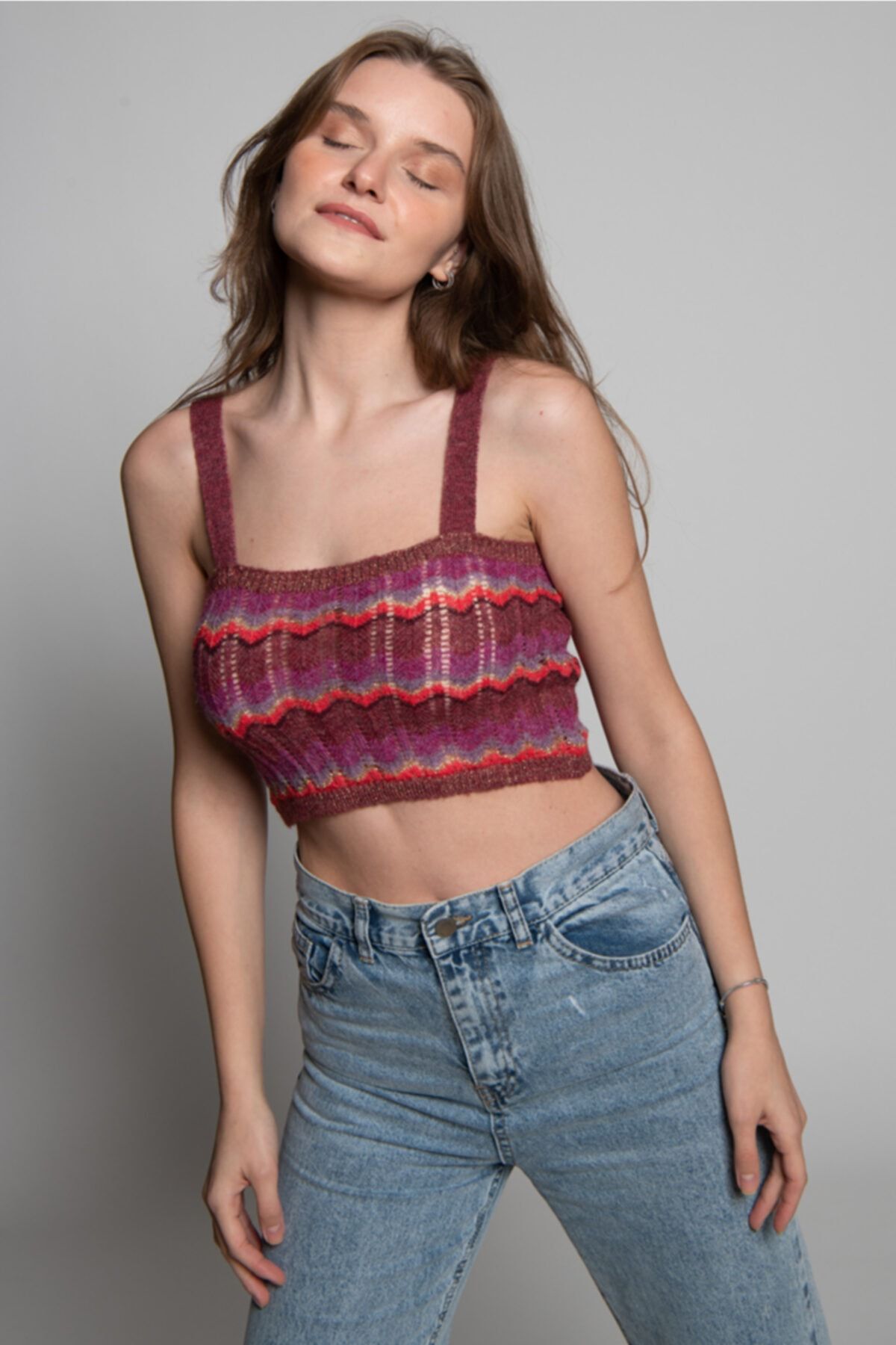Ariel Arden's Kalın Askılı Pembe Yünlü Yarım Triko Crop