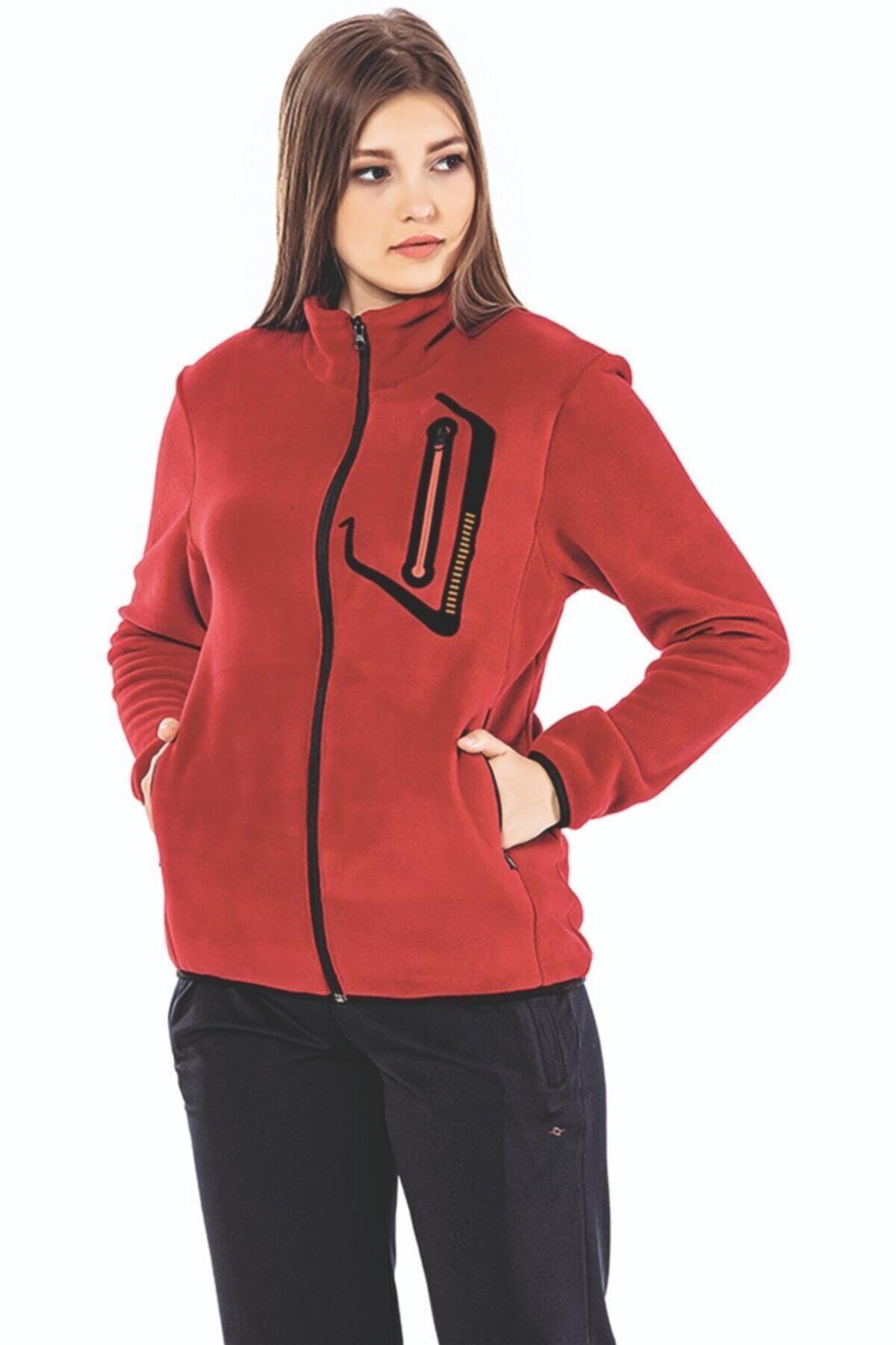 Crozwise Kadın Kırmızı Fermuarlı Spor Polar Sweatshirt