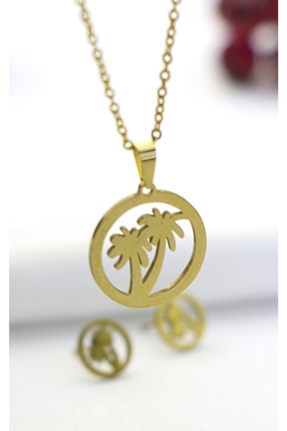 CeyCan Butik Palmiye Çelik Kolye Küpe Set