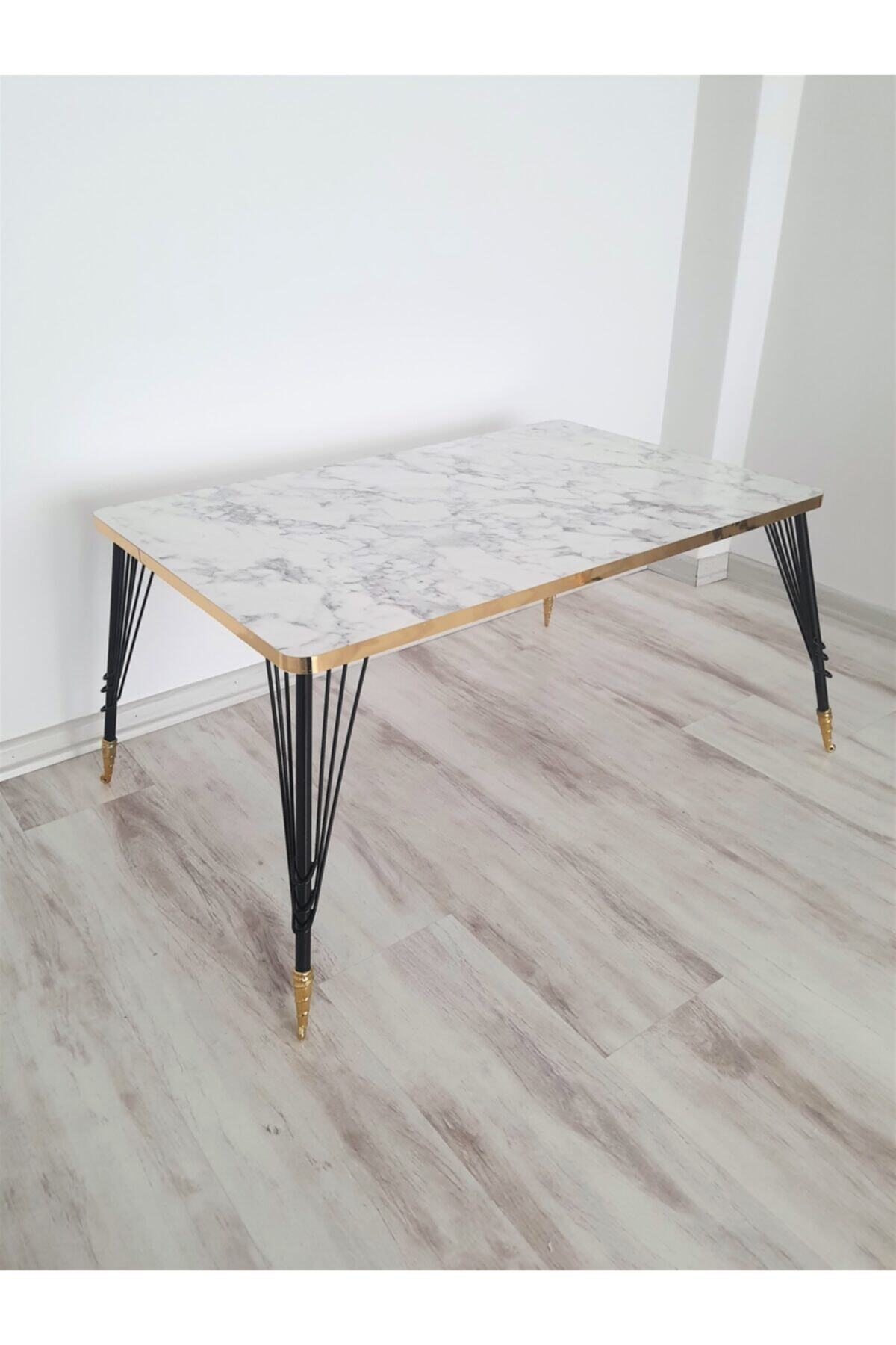 aldagelsin Altın Yaldızlı Masa Orta Sehpa Metal Ayak Beyaz Mermer Desen