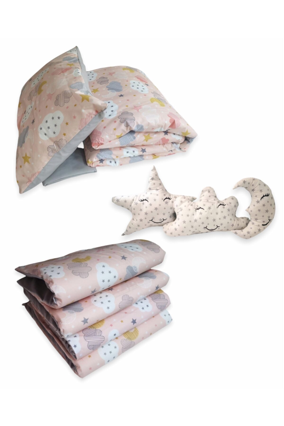 Bebek Özel Pamuklu 90x190 Montessori Çocuk Uyku Seti Somon Ay Yıldız Grili 10 Parça
