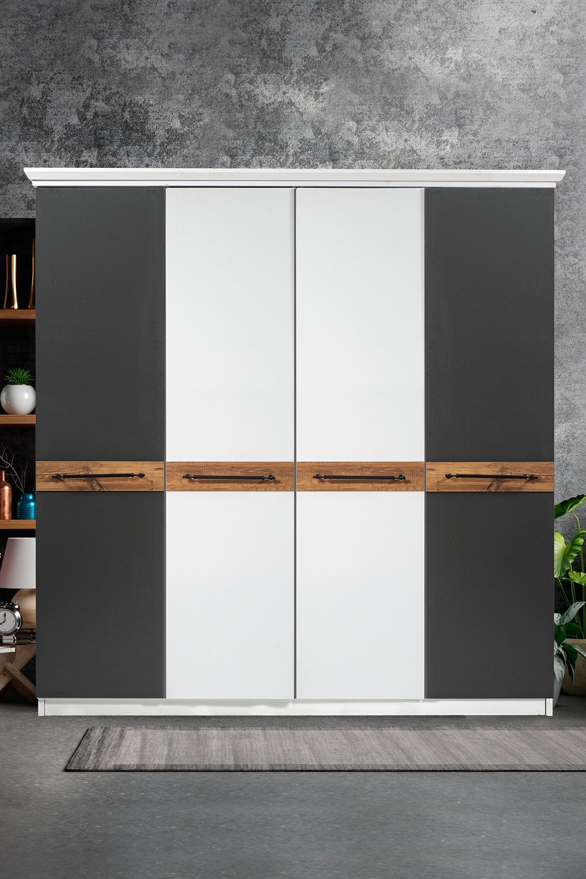 decoAlife Beyaz Antrasit 3 Kapılı Aynalı Dolap