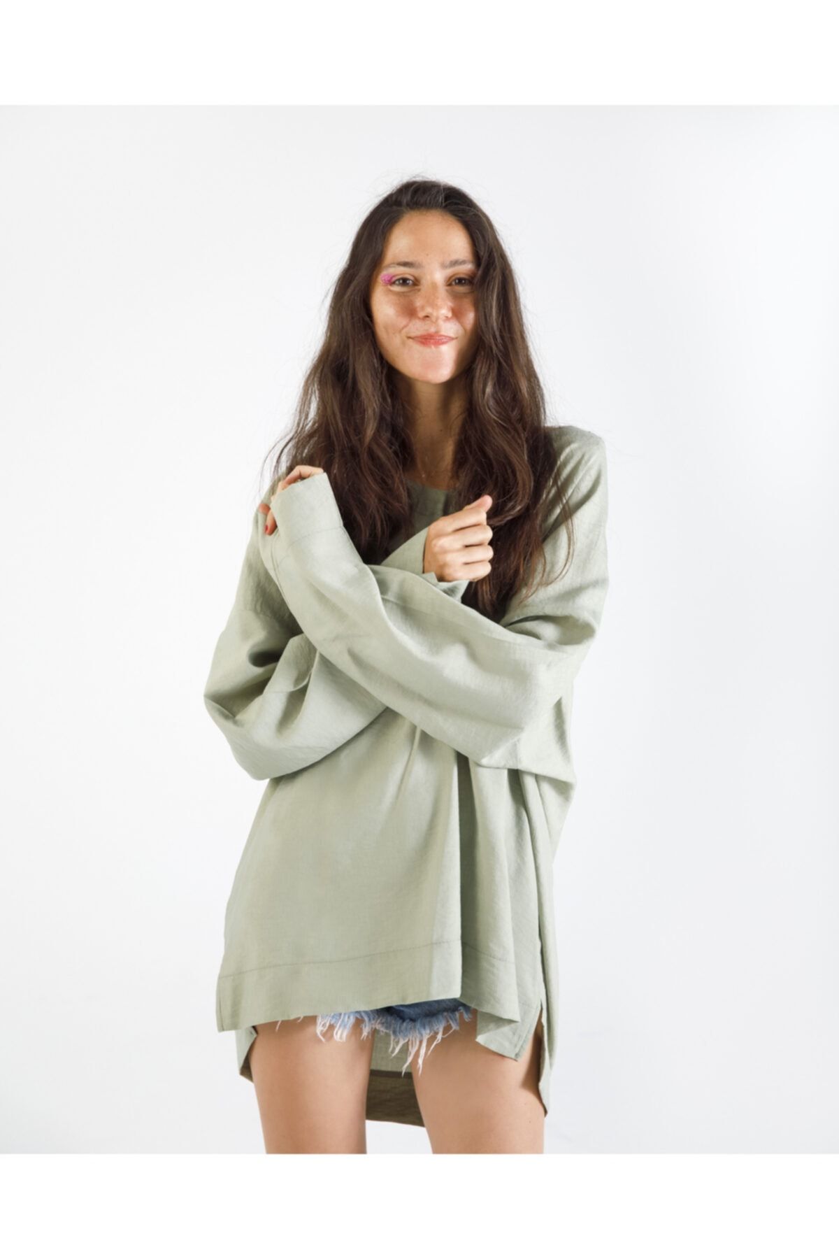 Pinuts Unisex Yeşil Bol Kalıp Kapüşonlu Ince Kumaş Dokuma Sweat Tunik Elbise