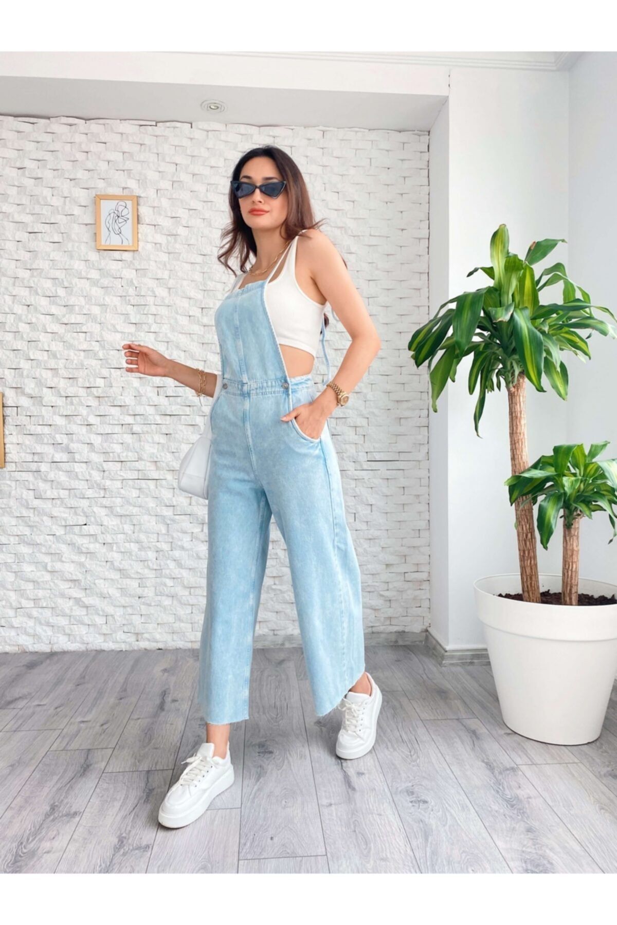 ESRAHELVACI Blue Omuzdan Bağcıklı Salopet Tulum