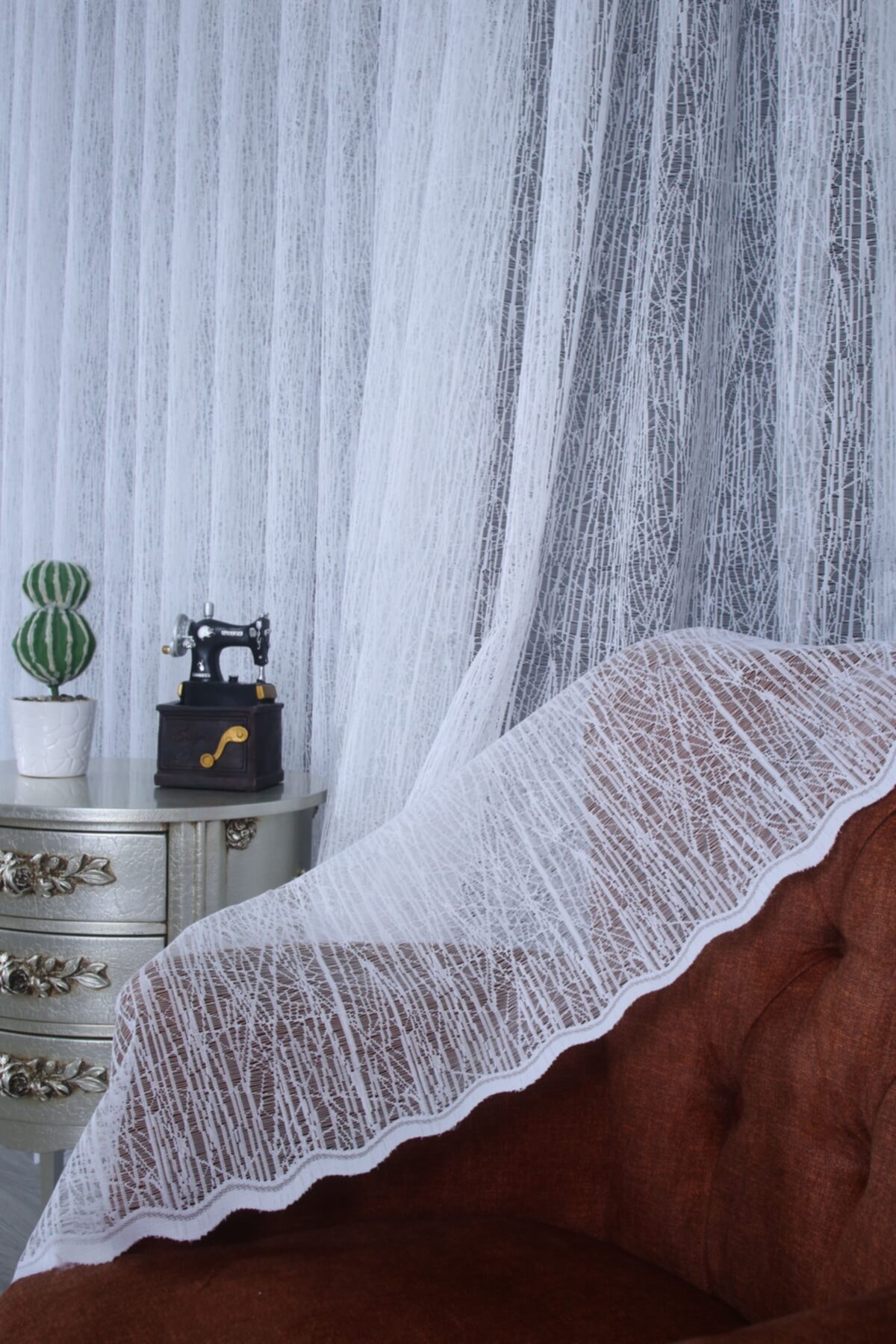 FsFuschia Ağaç Kabuğu Desen Çizgili Örme Tül Perde (1/3) Sık Pile