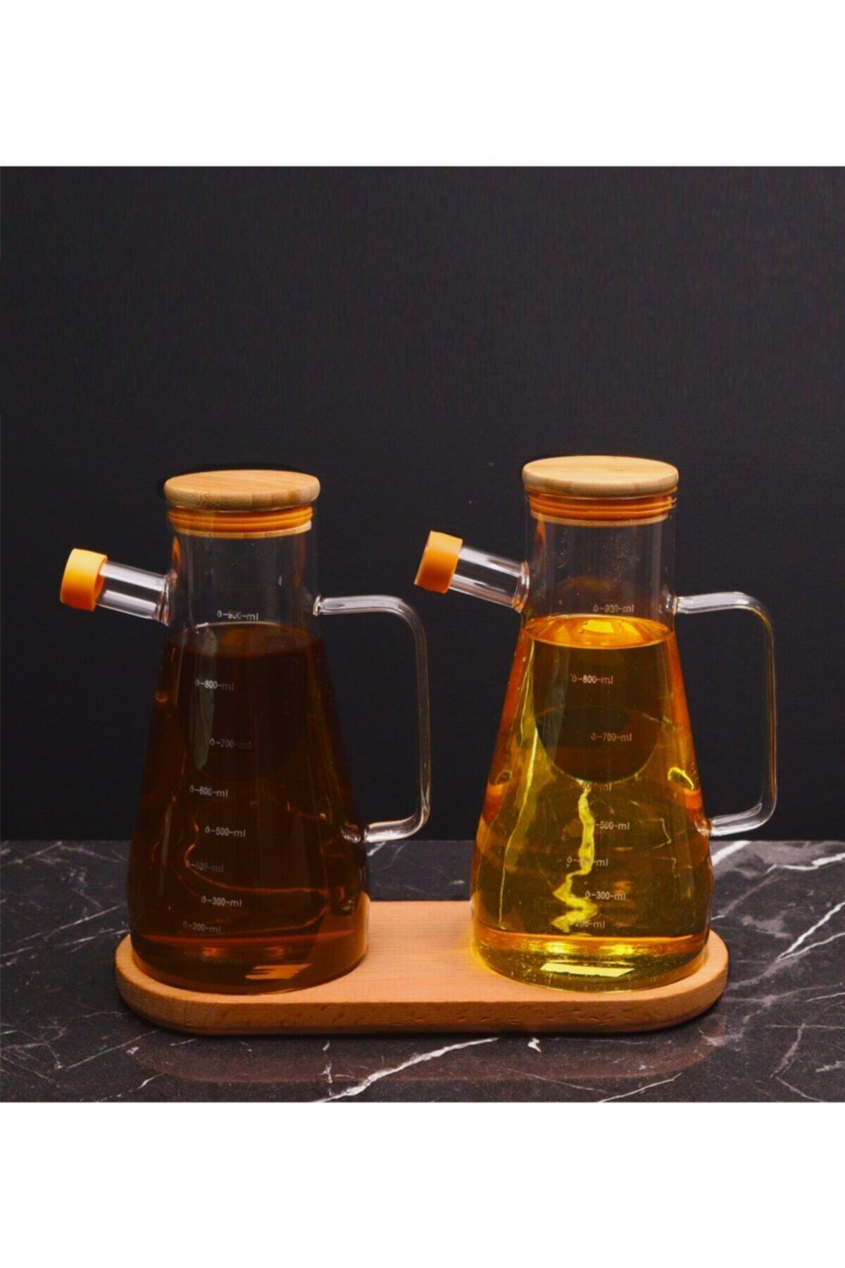 YzHome 900ml 2 Li Bambu Kapaklı Vakumlu Borosilikat Cam Yağlık Sirkelik Ve Bambu Altlık 3'lü Set