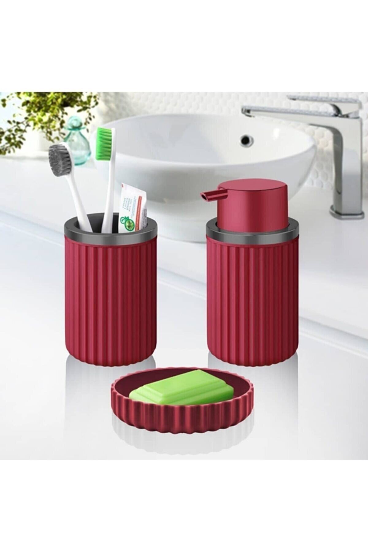 HomeFuture 3lü Banyo Seti Üçlü Set Bordo Sıvı Sabunluk Katı Sabunluk Diş Fırçalık 3 Lü Banyo