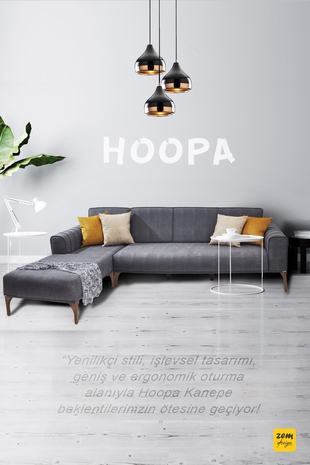Zem Hoopa Köşe Koltuk Takımı Gri - Mekanizmalı Ahşap Ayak Silinebilir Kumaş