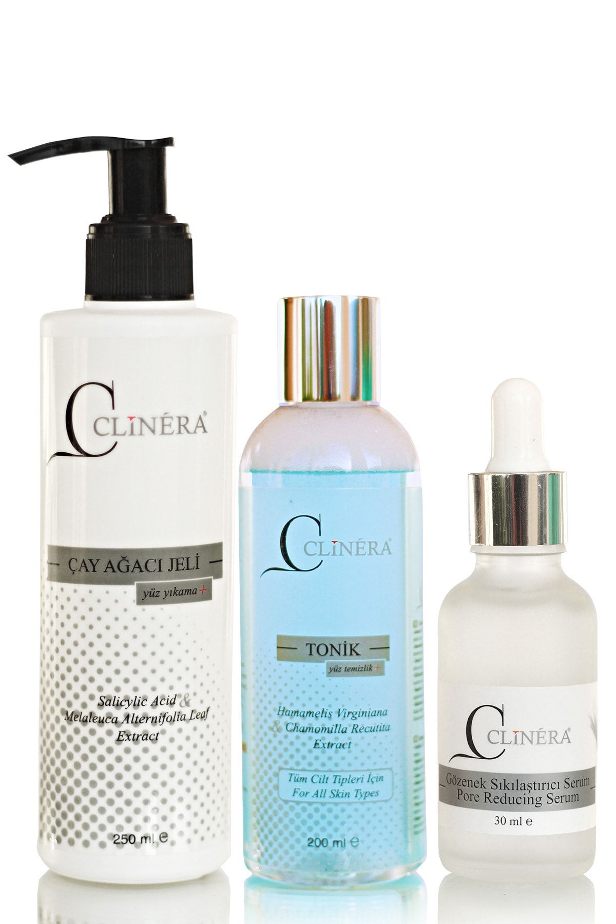 CLİNERA Pore Reducing Serum + Yüz Ve Akne Temizleme Toniği + Çay Ağacı Yüz Yıkama Jeli
