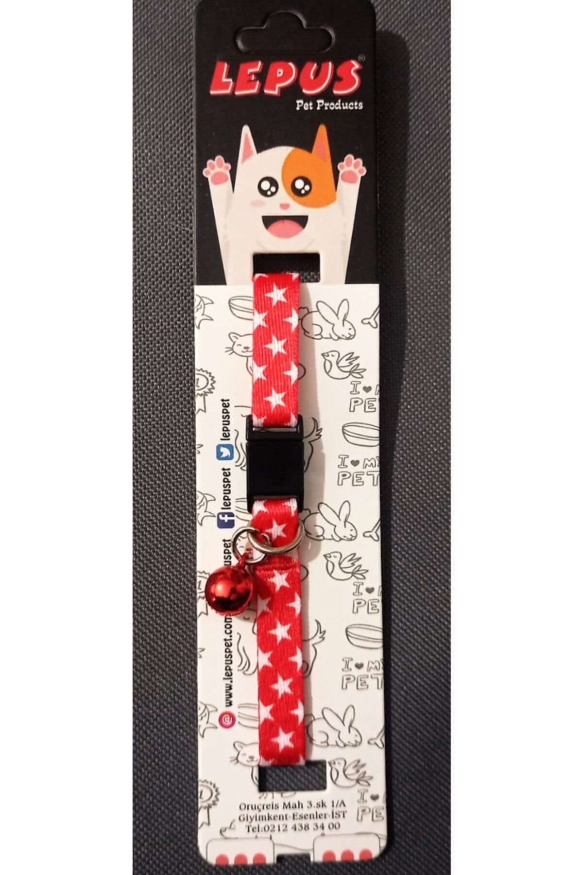 Lepus Easy Lock Desenli Kumaş Kedi Boyun Tasması Zilli Kırmızı-beyaz Yıldızlı