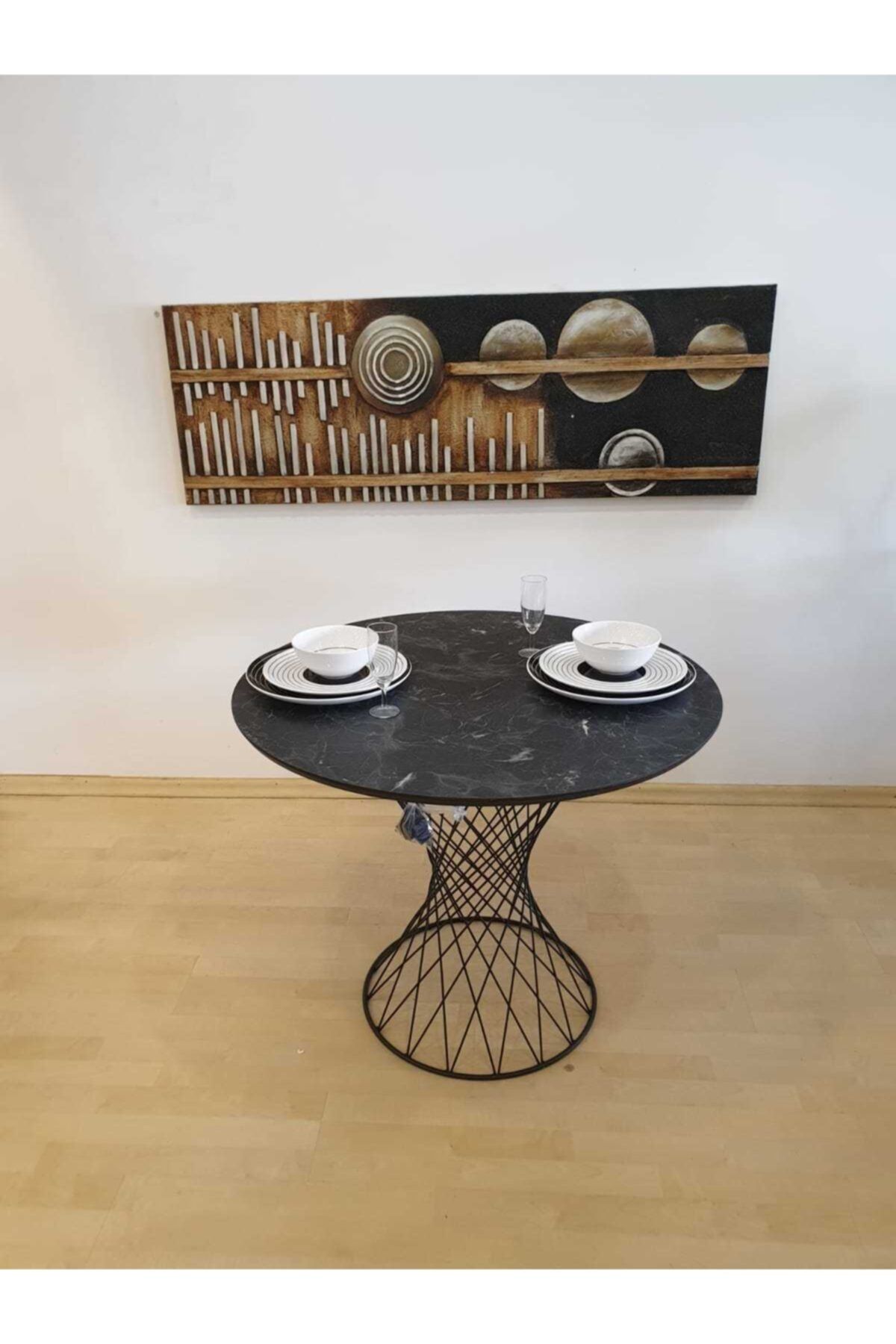 erezoğulları Siyah Mermer Desen Yuvarlak Balkon Mutfak Masası 90cm