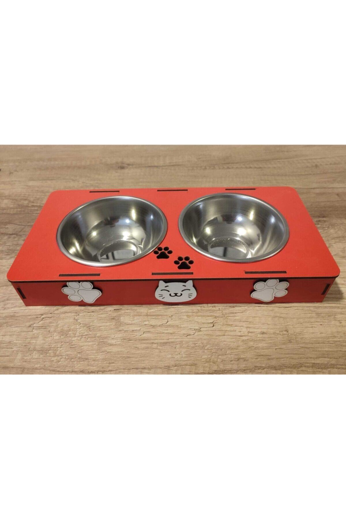 CatMozz Çelik Kaseli Ikili Ahşap Kedi Köpek Mama Kabı