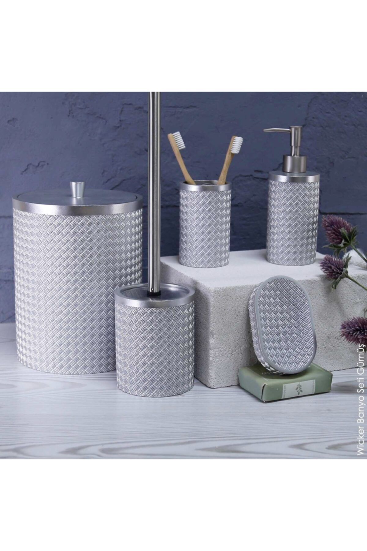Miazze Wicker Reçine Banyo Takımı Yüksek Kalite Lavabo Seti Gri
