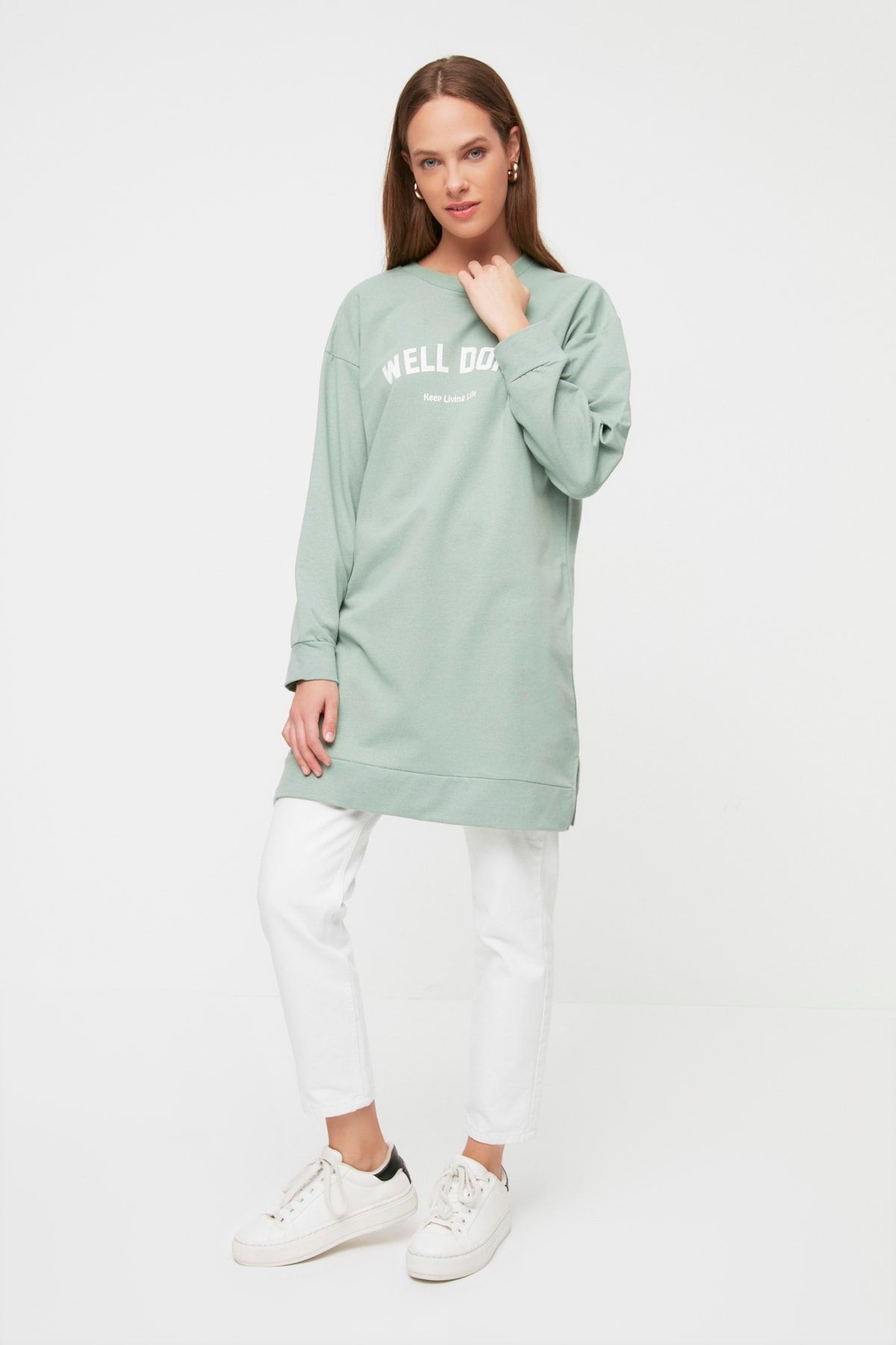 Trendyol Modest Mint Bisiklet Yaka Baskılı Örme Sweatshirt TCTAW22TW0260