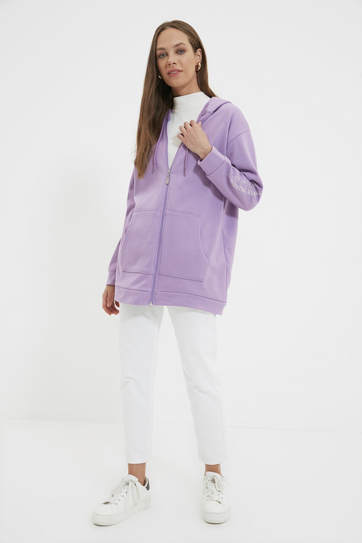 Trendyol Modest Mor Kapüşonlu Kol Baskılı İçi Tüylü Örme Sweatshirt TCTAW22TW0276