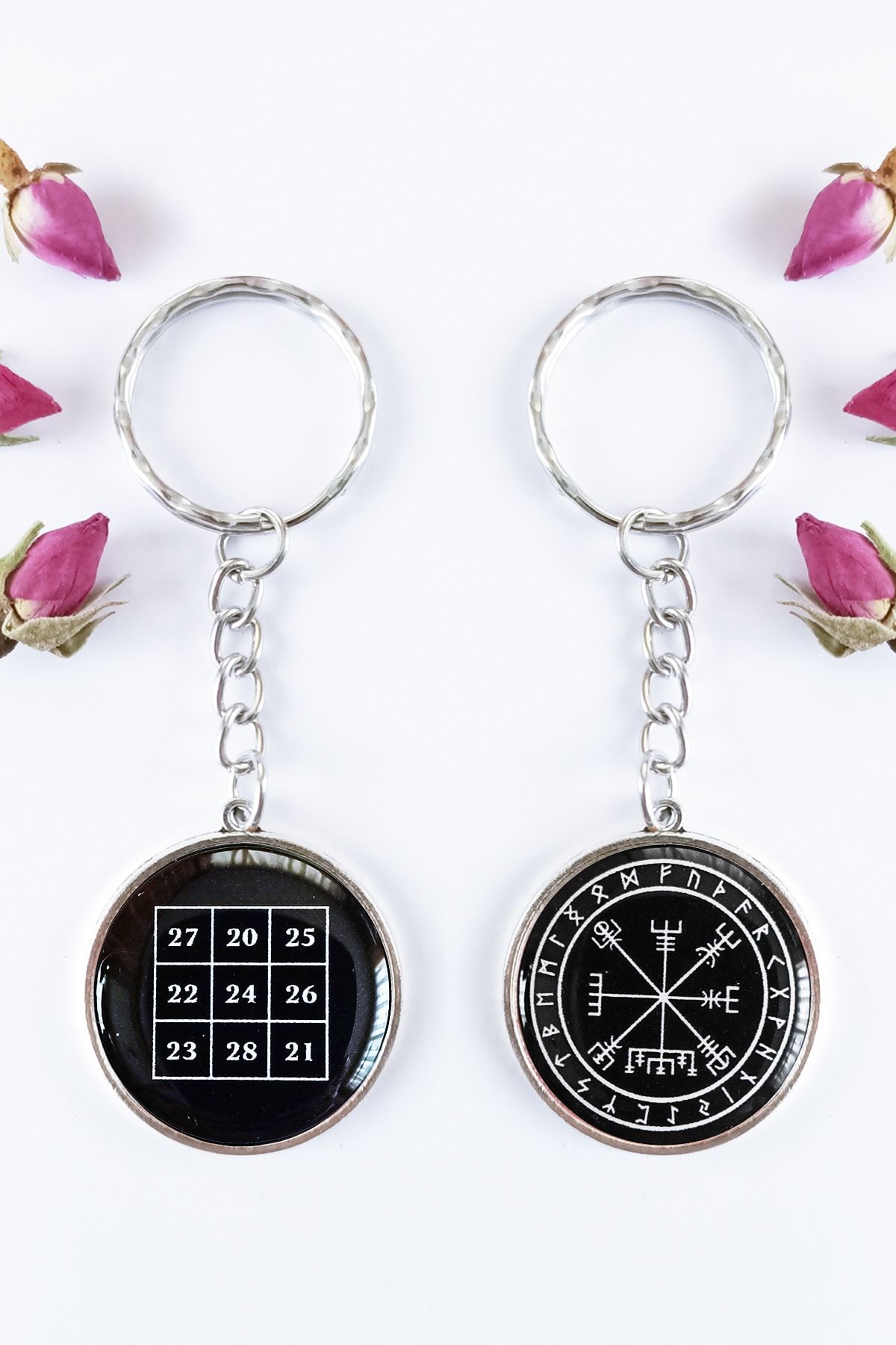 Sihirli Titreşimler Vegvisir Ve Kubera Yantra Para Mıknatısı, Şans, Koruma, Yön Belirleme Çift Taraflı Anahtarlık
