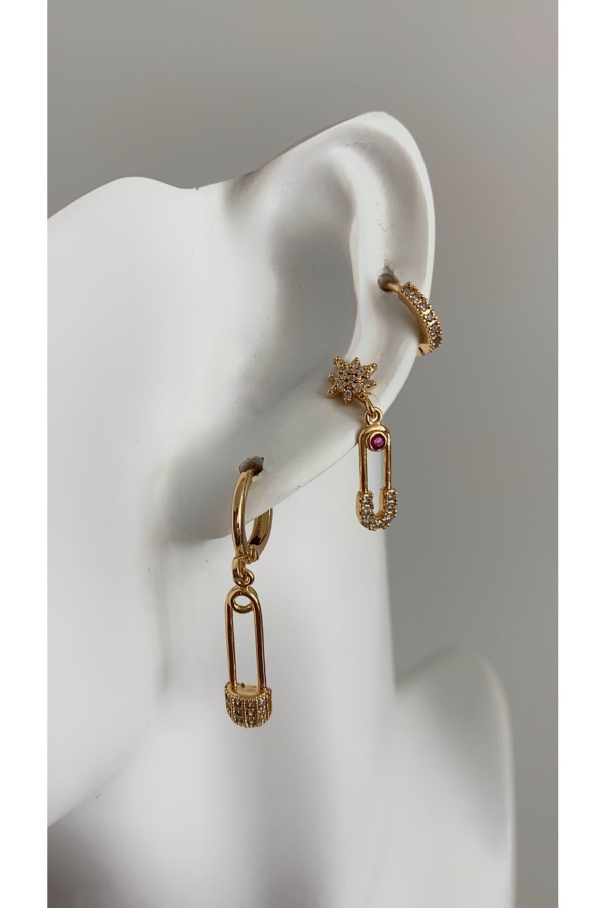 Âlâ Atelier Kararmaz Solmaz Altın Kaplama Taşlı Çengel Iğne Figürlü 3'lü Küpe Seti Gold